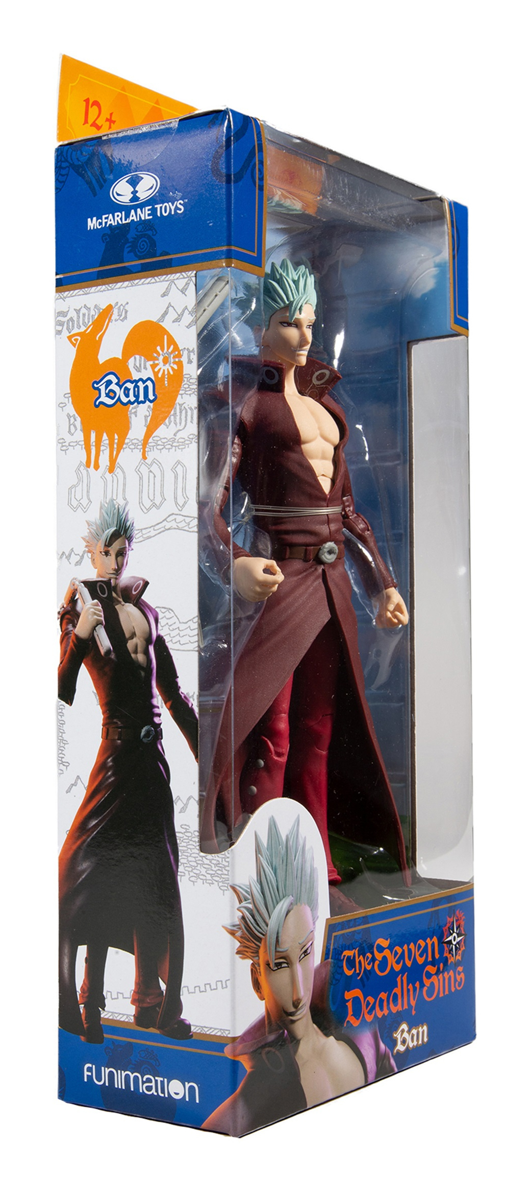 Figura anime de Ban en una caja. Abrigo y pantalón rojos, pelo claro. Caja azul y blanca.