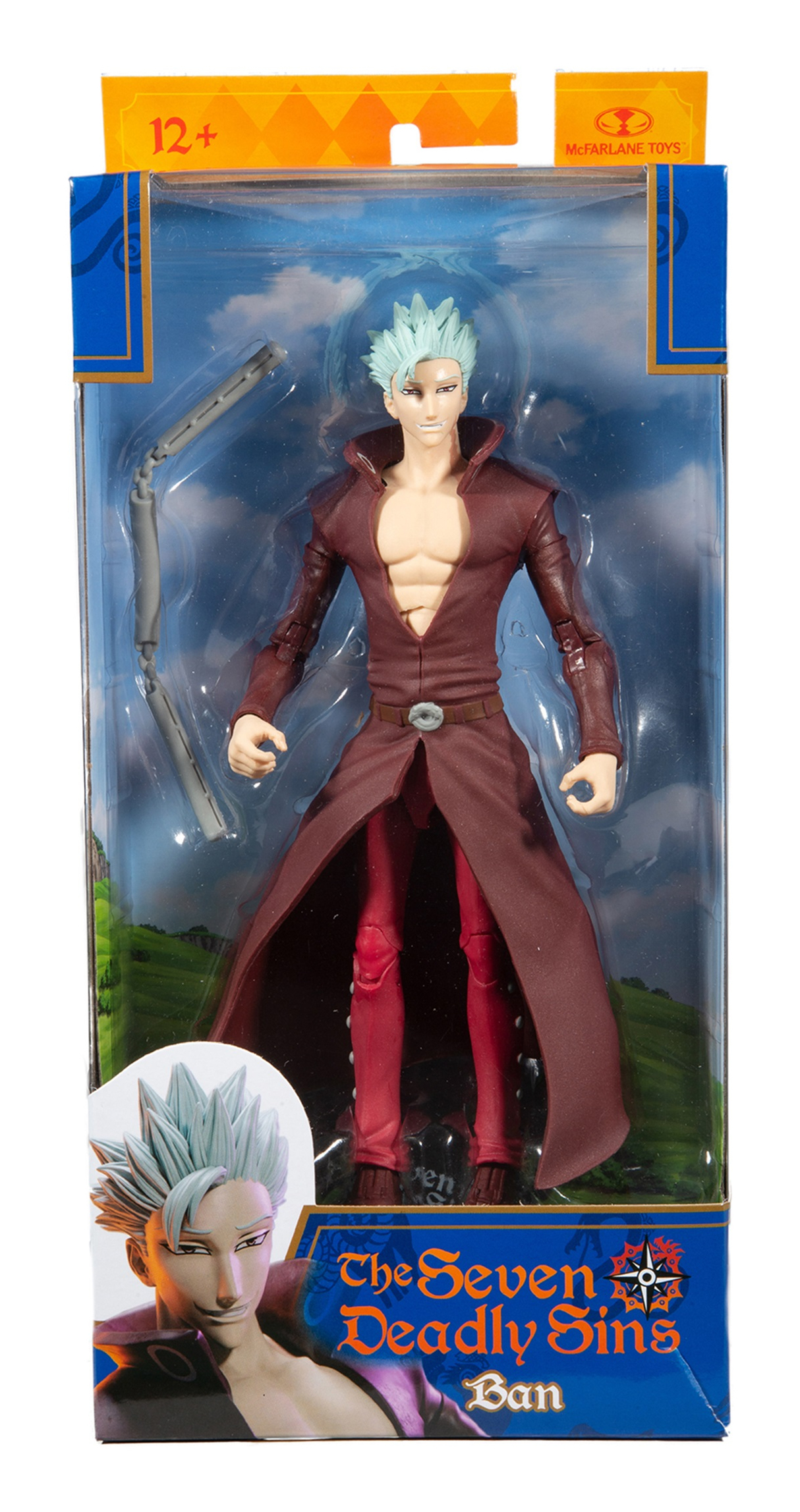 Figura de acción de Ban en una caja. La figura lleva un abrigo y pantalones rojos. Fondo blanco.