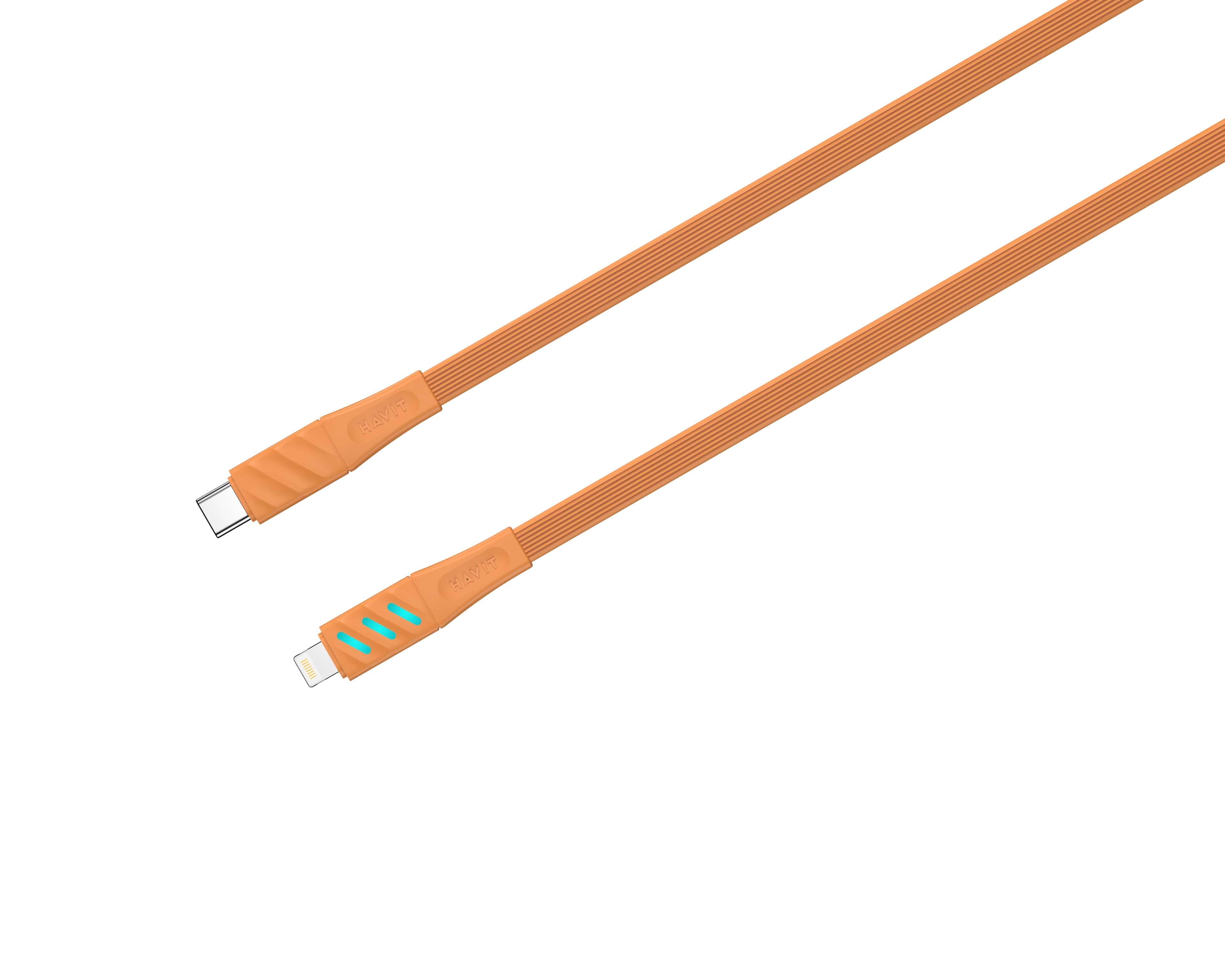 Due cavi di ricarica arancioni con connettori diversi. Uno ha un connettore USB-C e l'altro un connettore Lightning.