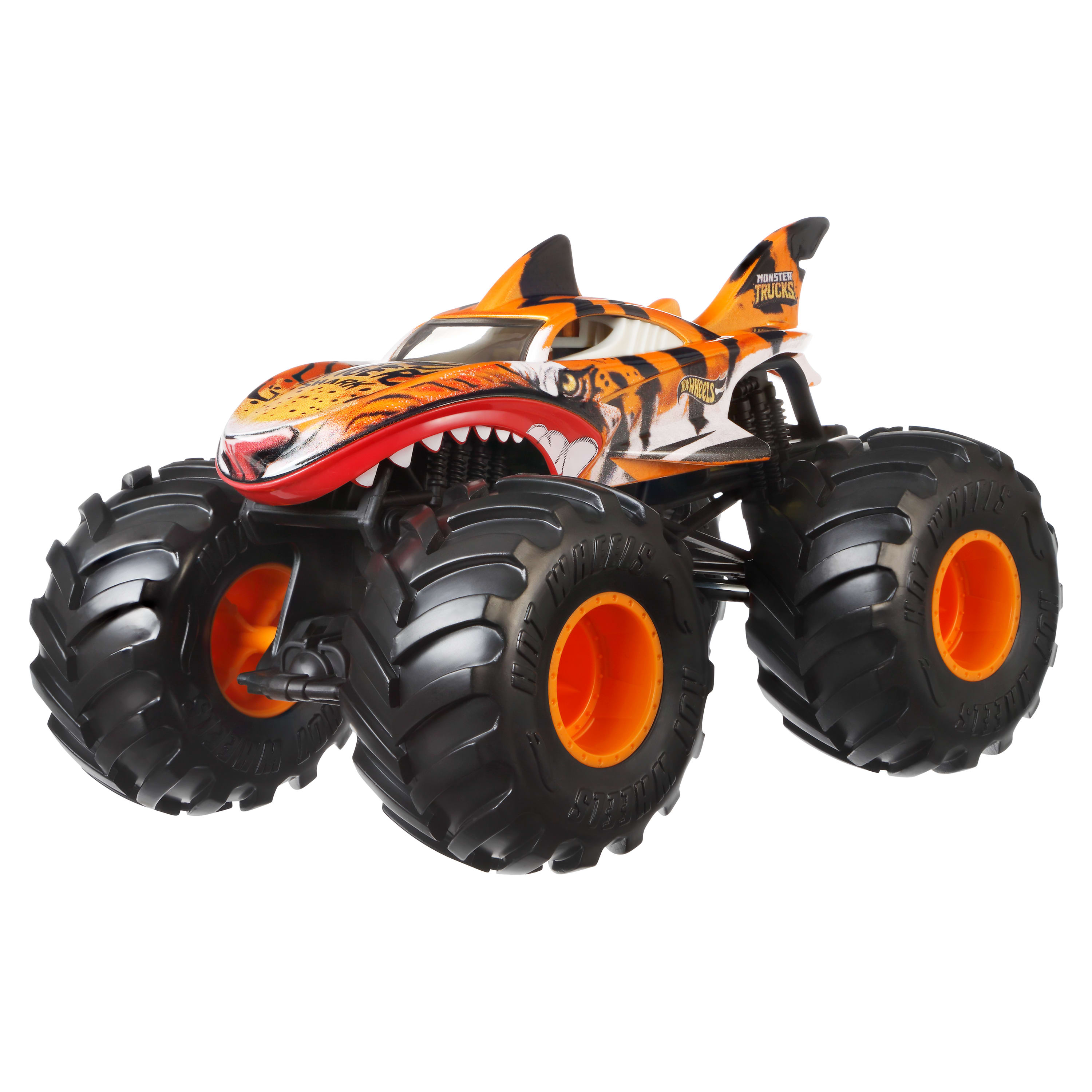 Monster Truck Spielzeug. Orange-schwarzes Tigerdesign. Große Räder und eine wilde, haiartige Front.