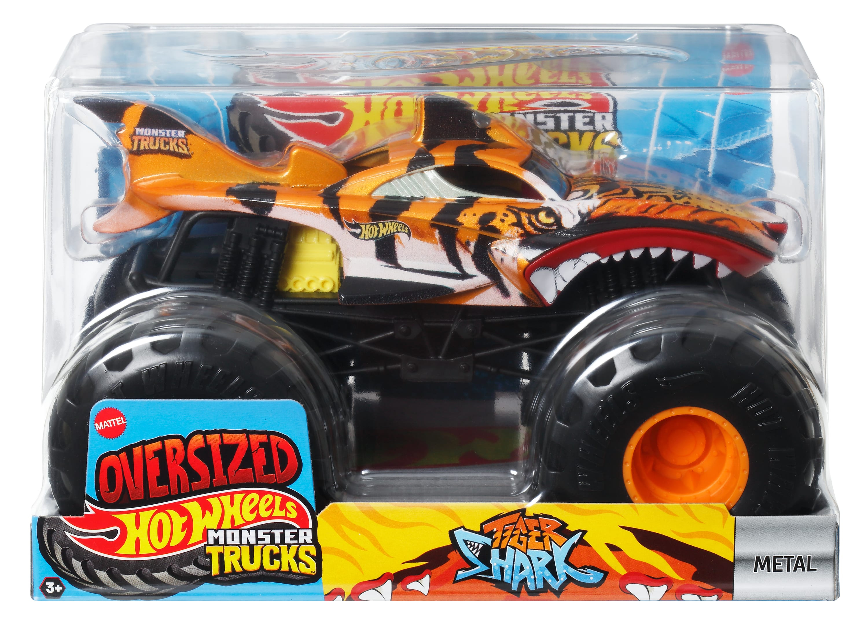 Tiger Shark Monstertruck-Spielzeug in Verpackung. Orange und schwarze Farben. Große Räder.