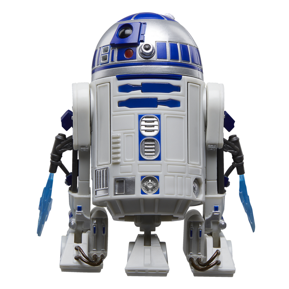 Zabawkowy robot R2-D2, biało-niebieski, szczegółowy design. Białe tło.