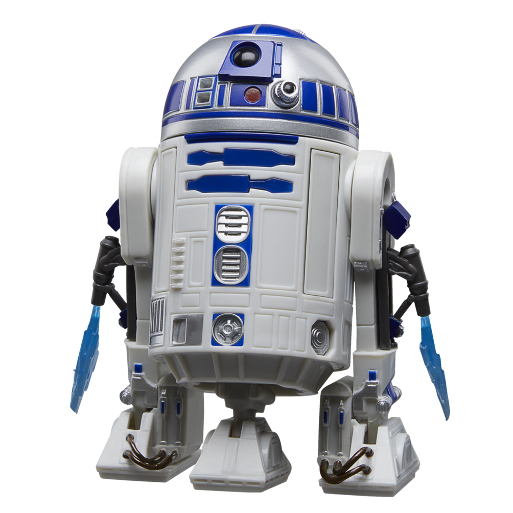 Biało-niebieski robot R2-D2. Ma srebrną głowę i niebieskie światła. Białe tło.