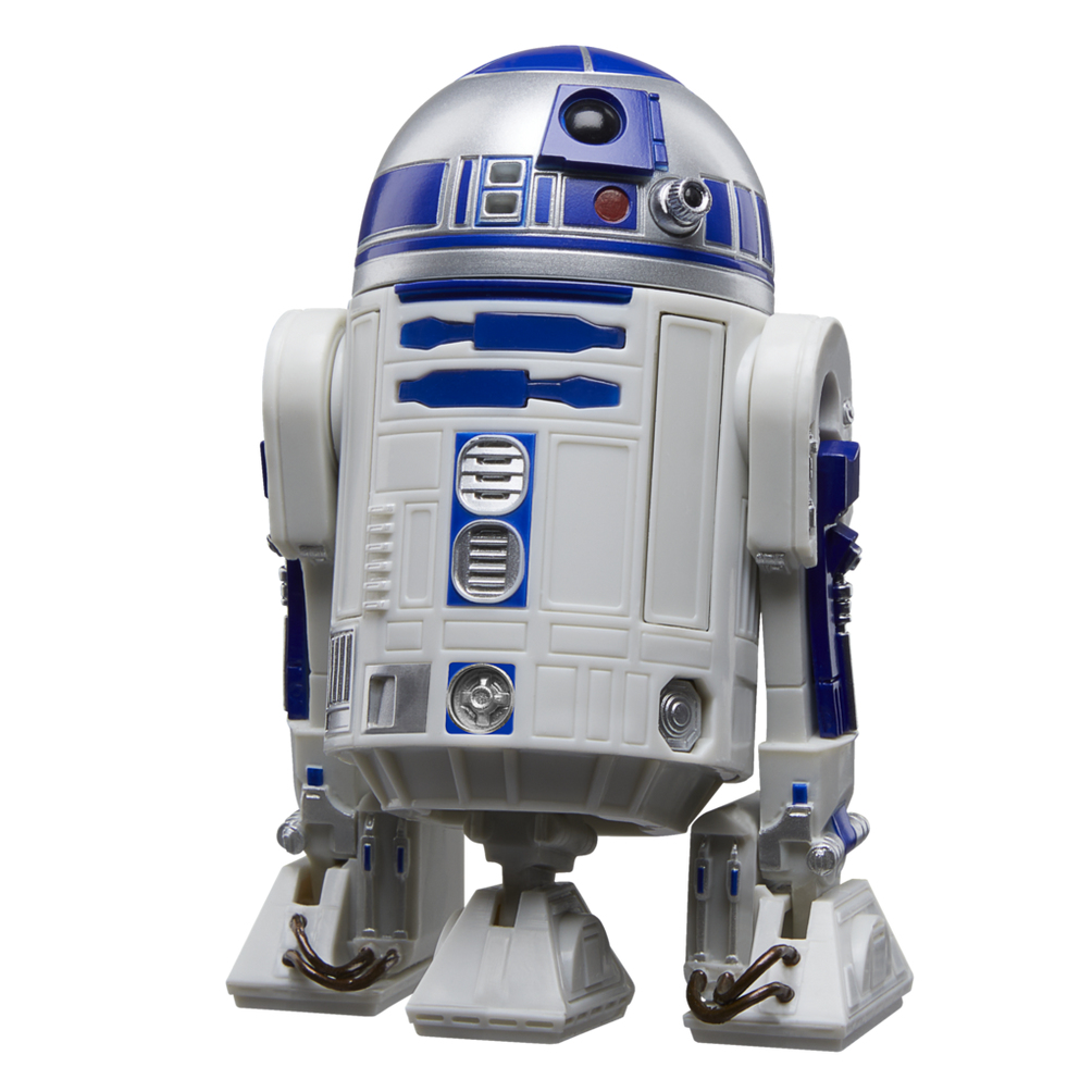 Zabawkowy robot R2-D2, biało-niebieski. Niebieska kopuła, biały korpus. Białe tło.