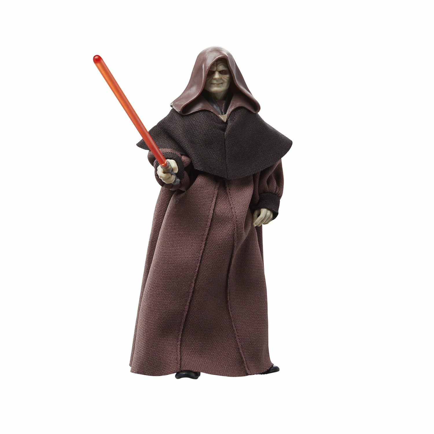 Figura di Star Wars, Imperatore Palpatine, con una spada laser rossa su sfondo bianco.