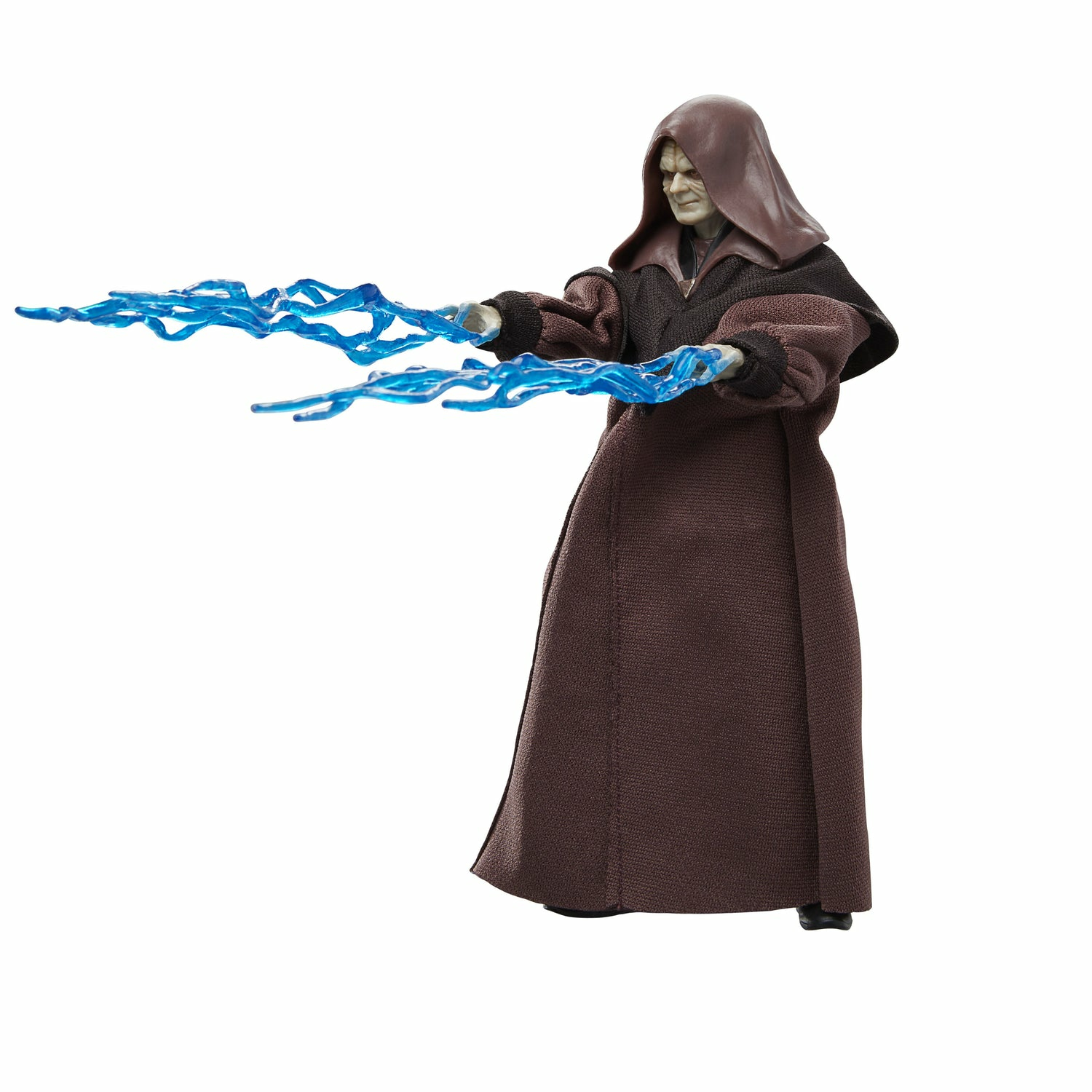 Figura di Star Wars, Imperatore Palpatine, che emette fulmini blu, su sfondo bianco.