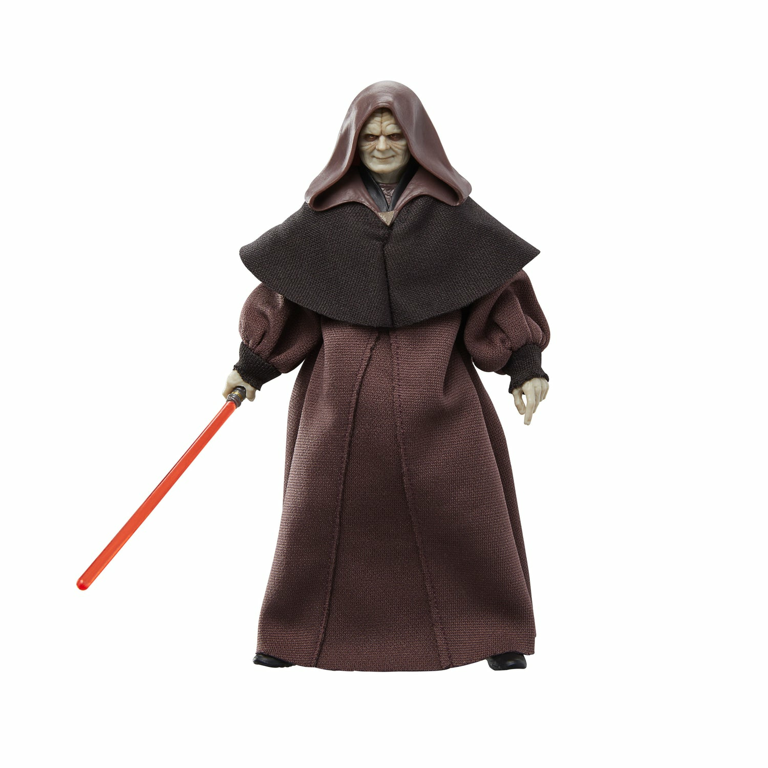 Action figure di Darth Sidious con spada laser rossa, in abito scuro, sfondo bianco.