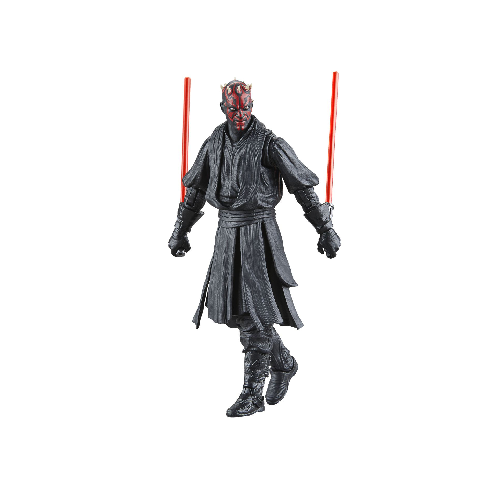 Figurka Darth Maul. Jest czarny, ma czerwoną twarz i trzyma dwa czerwone miecze świetlne, na białym tle.