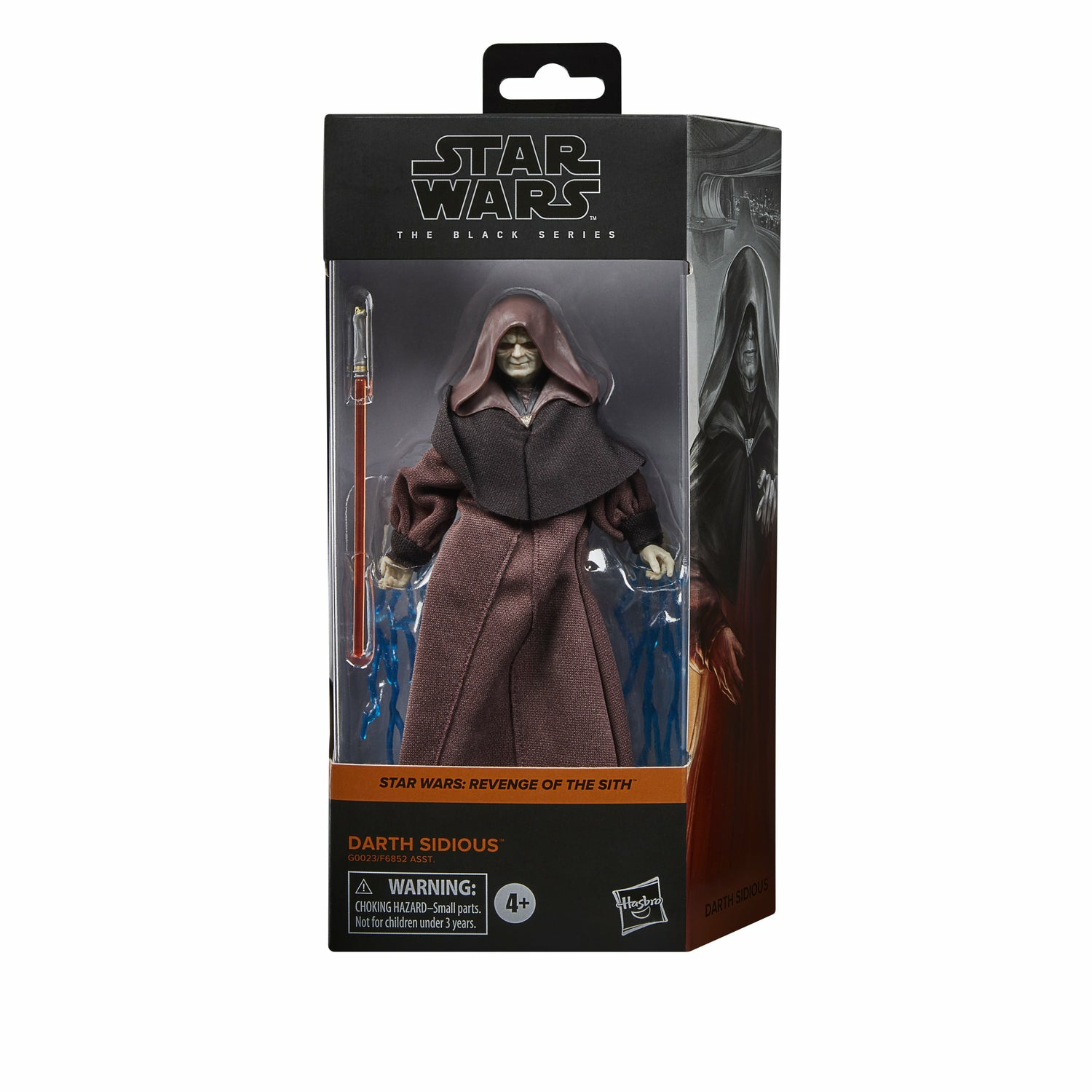 Action figure di Darth Sidious di Star Wars nella confezione, sfondo bianco.