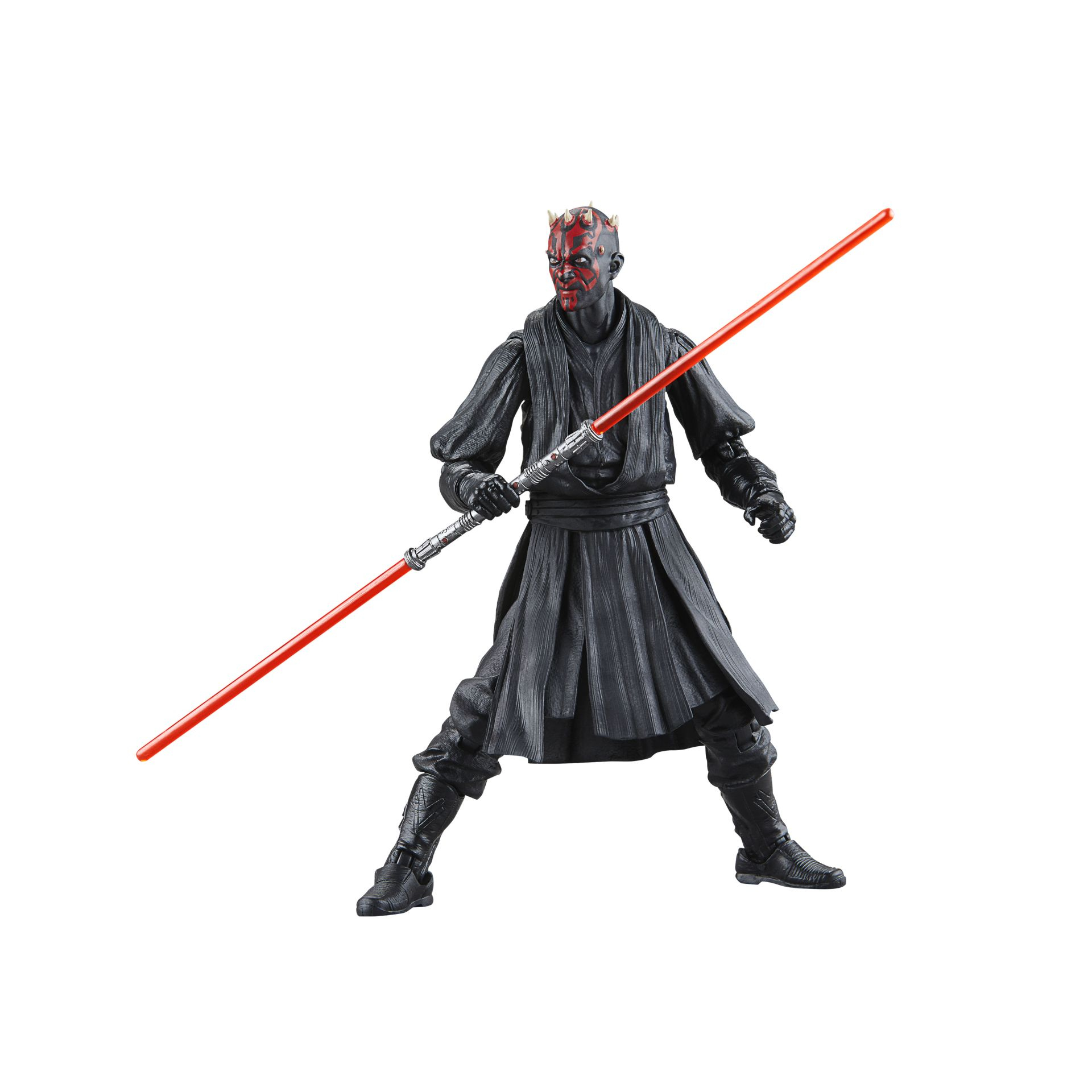 Figurka Star Wars Darth Maul, trzymająca czerwony dwustronny miecz świetlny, na białym tle.