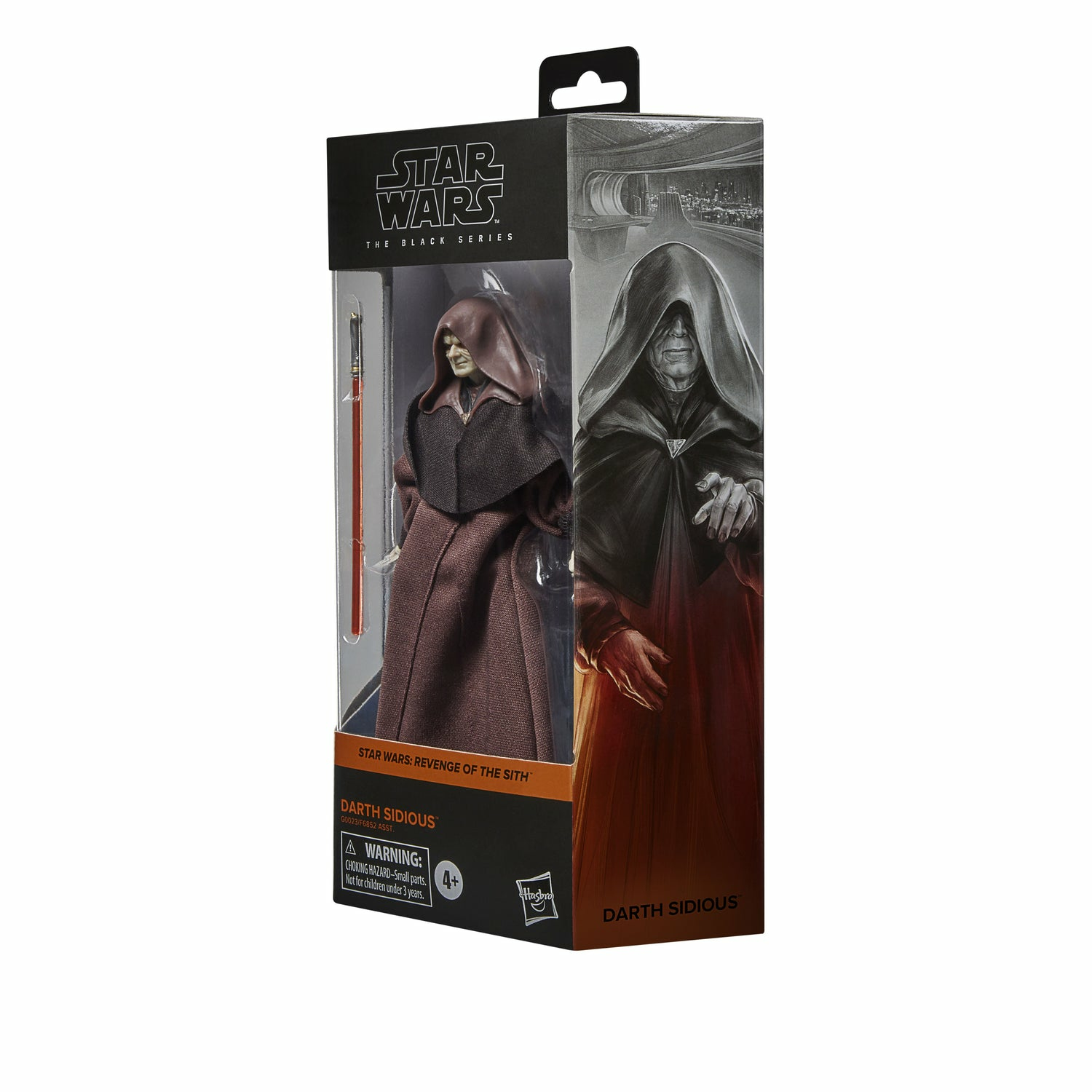 Action figure di Darth Sidious in una scatola di Star Wars. La scatola mostra Darth Sidious e il nome