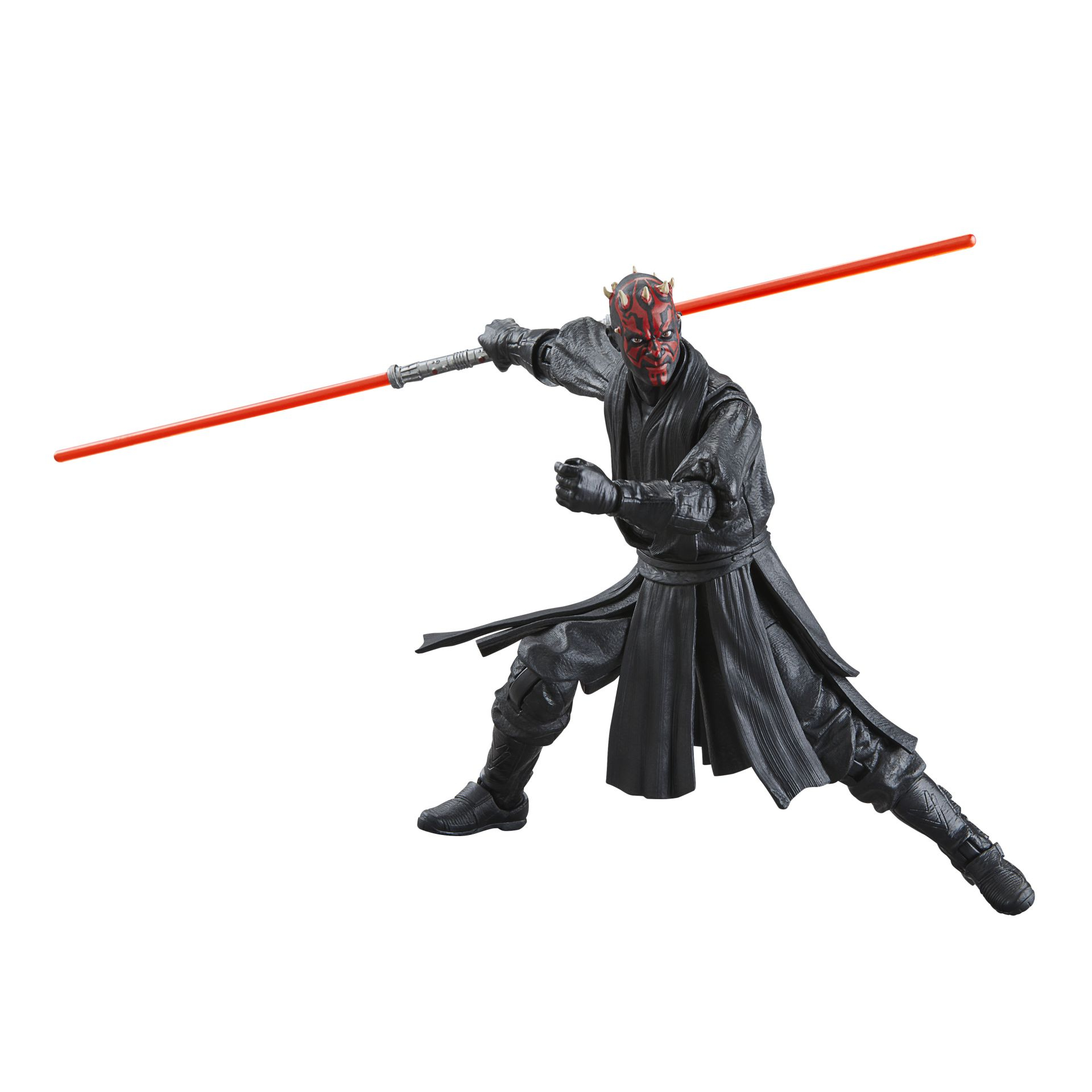 Figurka Darth Maul. Jest demonem o czerwonej twarzy w czarnym stroju, z czerwonym mieczem świetlnym.