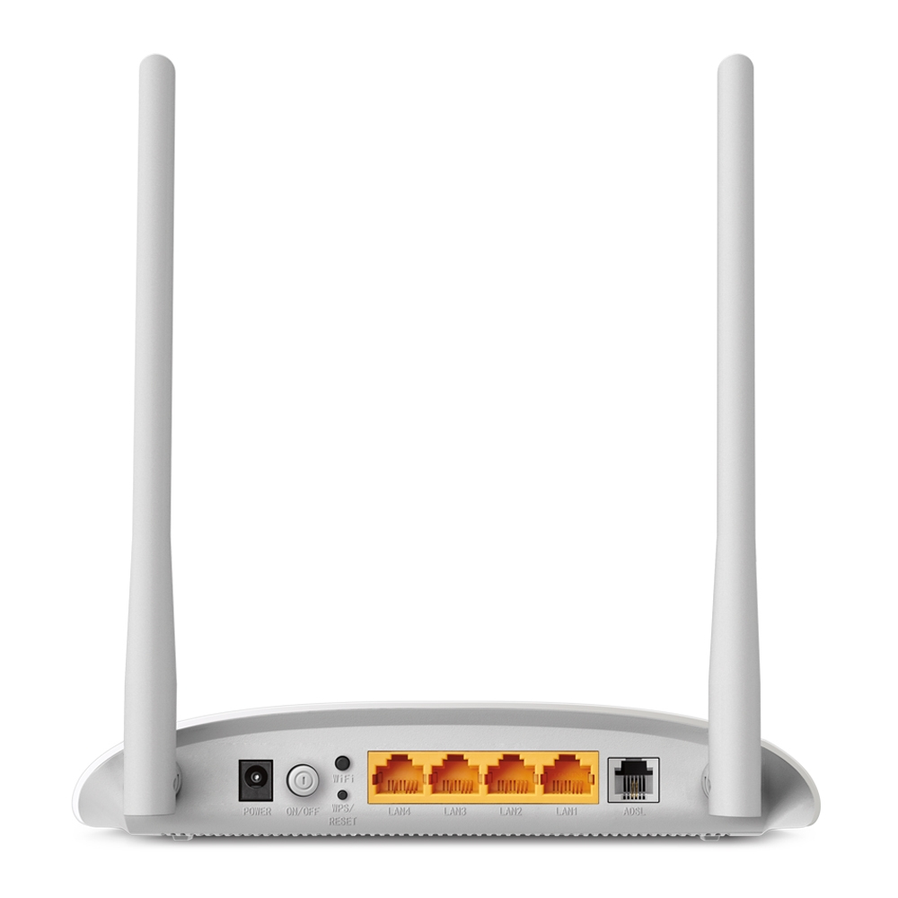 Un router TP-Link bianco con antenne e porte sul retro, che mostra le porte e le connessioni.