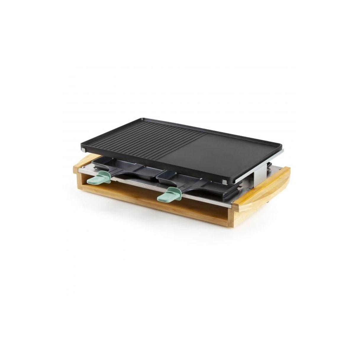 Griglia per raclette con piano di cottura nero, base in legno e supporti in metallo.