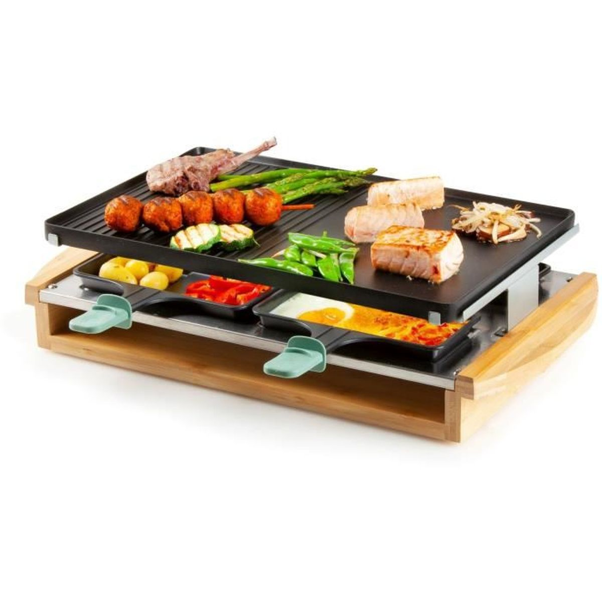 Griglia per raclette con vari cibi: verdure, carni e salse sui vassoi.
