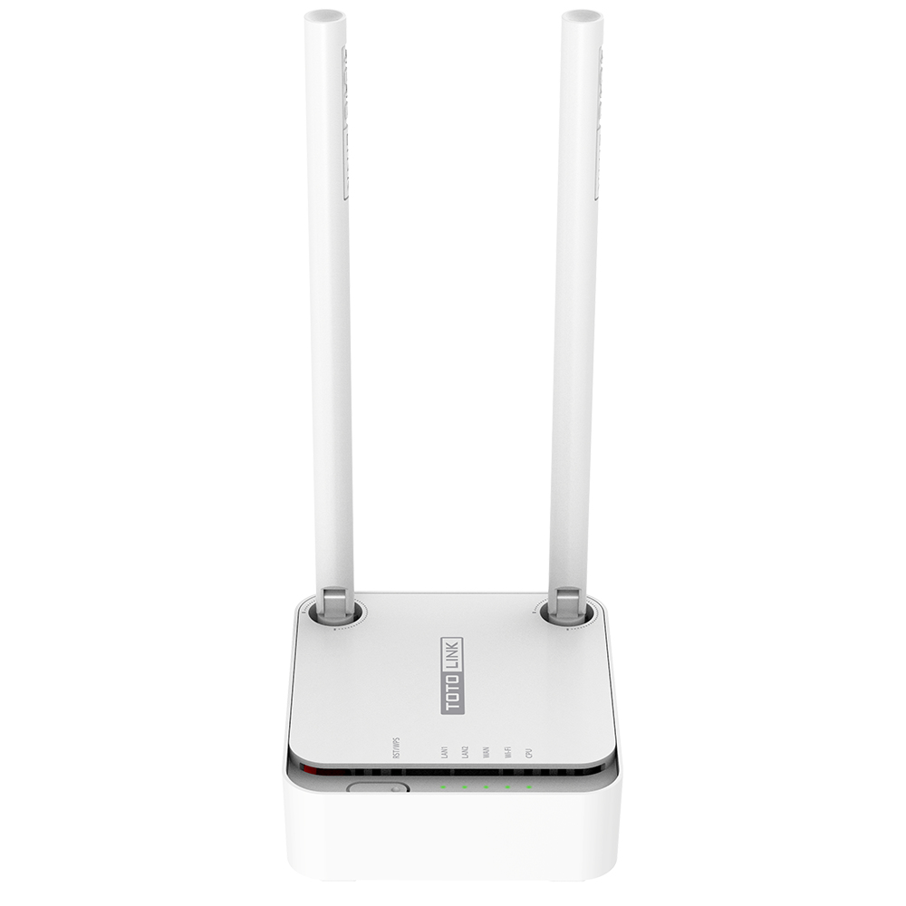 Biały router z dwiema antenami i małą białą podstawą. Białe tło.