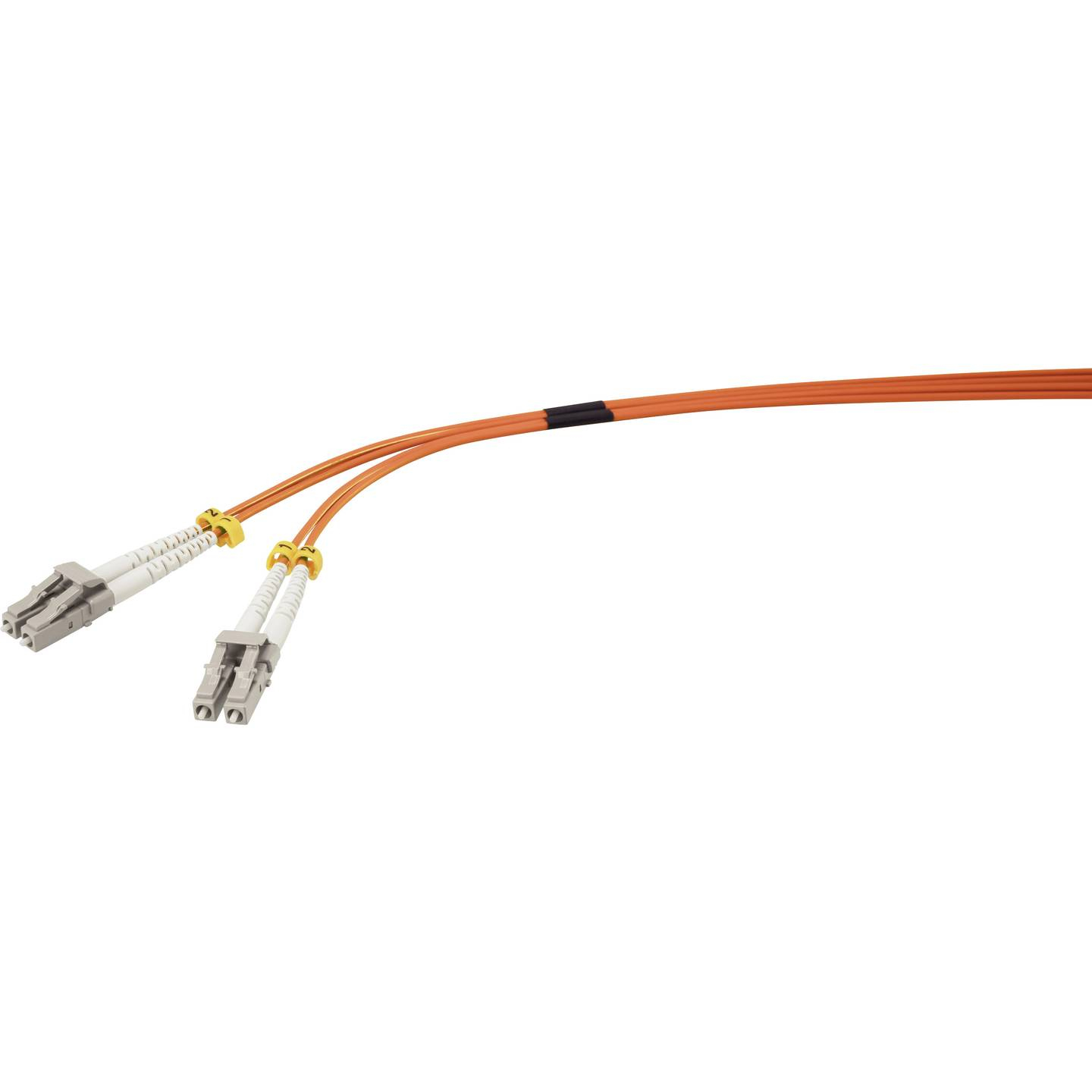 Cavi in fibra ottica arancioni con connettori a ciascuna estremità. Sfondo bianco.