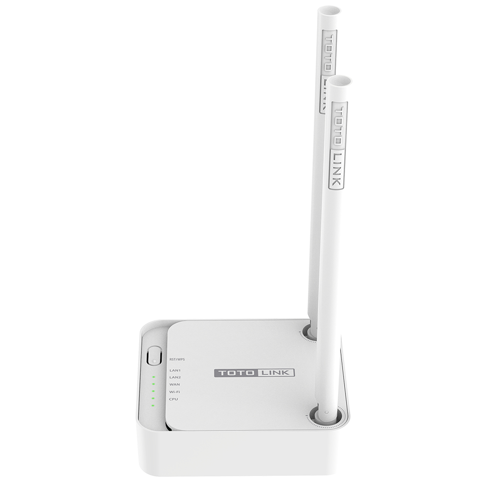 Biały router TOTO LINK z dwiema antenami. Ma szereg świateł i portów z przodu.