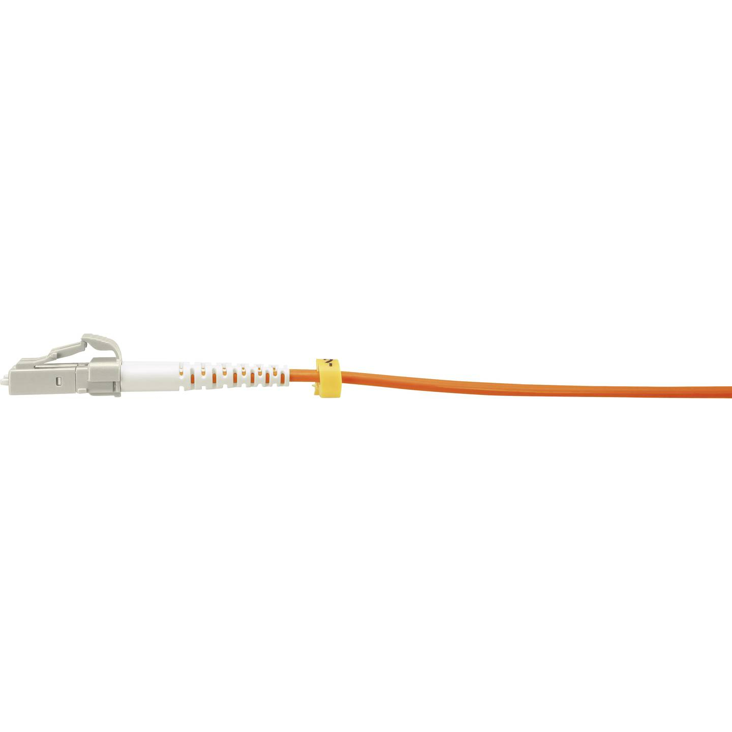 Un primo piano di un cavo in fibra ottica, con connettore bianco a sinistra e un anello giallo.