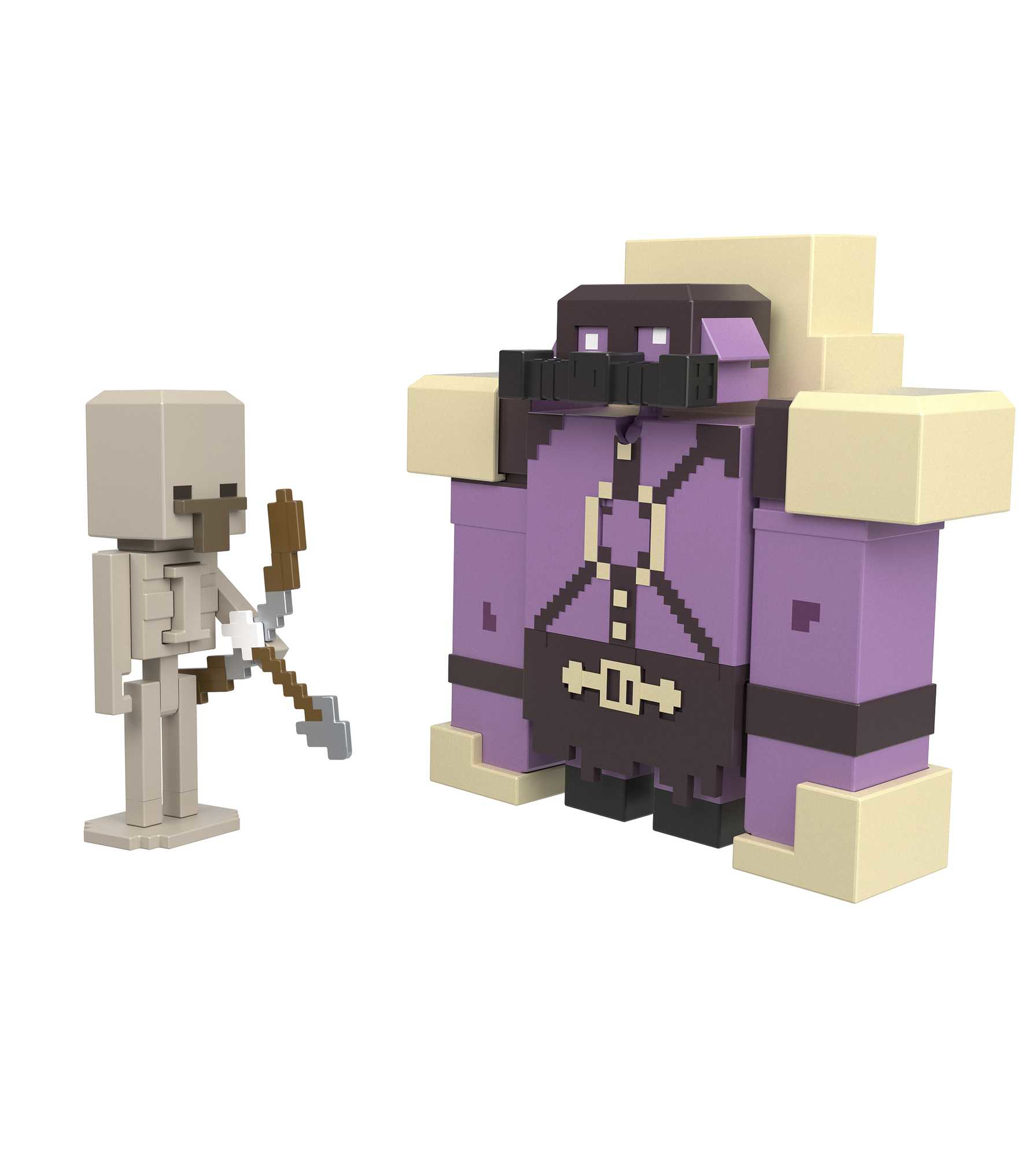 Minecraft-Figuren: Skelett mit Pfeil und Bogen und eine große lilafarbene Figur mit schwarzer Maske und Rüstung.