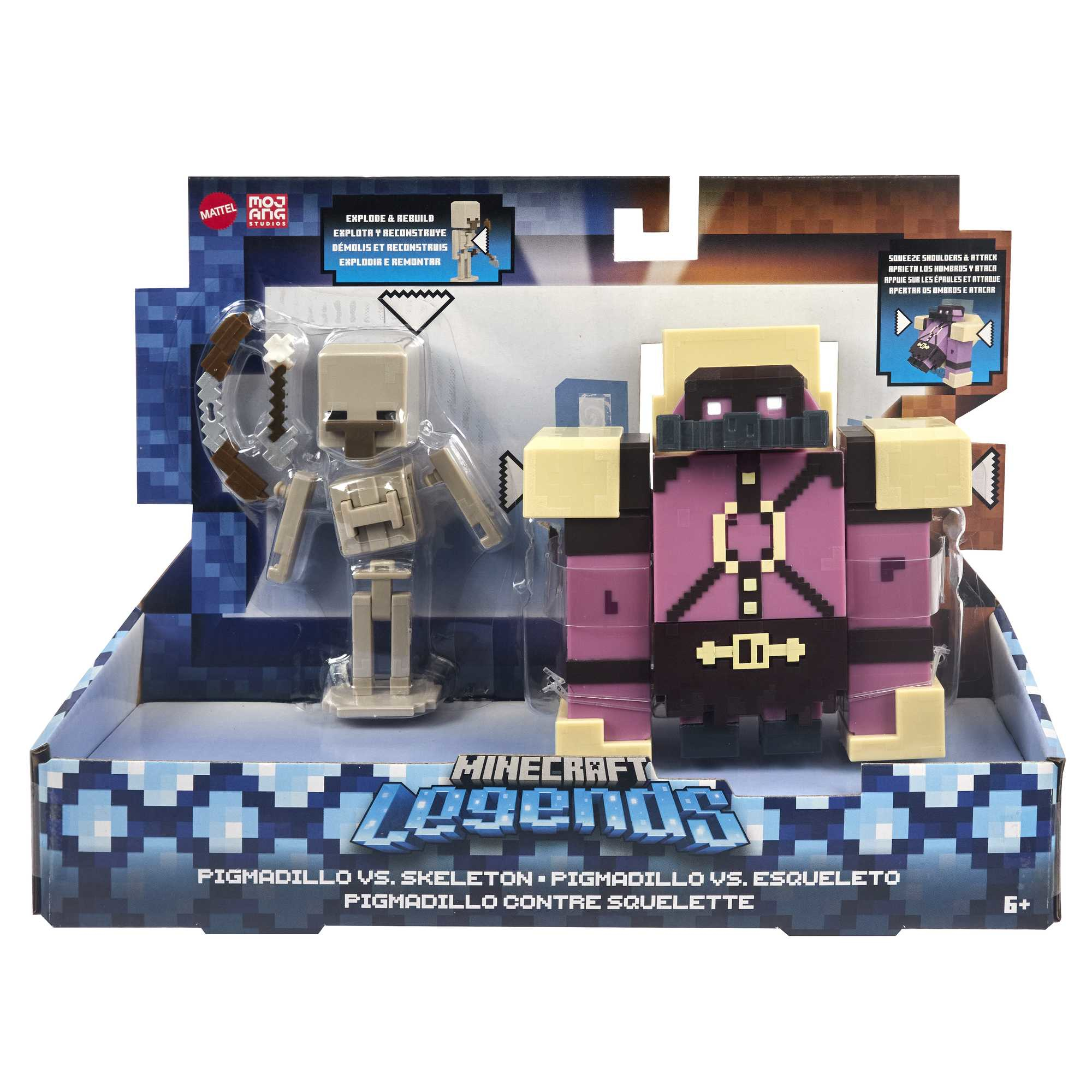 Minecraft Legends Spielzeugset. Enthält Pigma-Figur, Skelett und Verpackung.