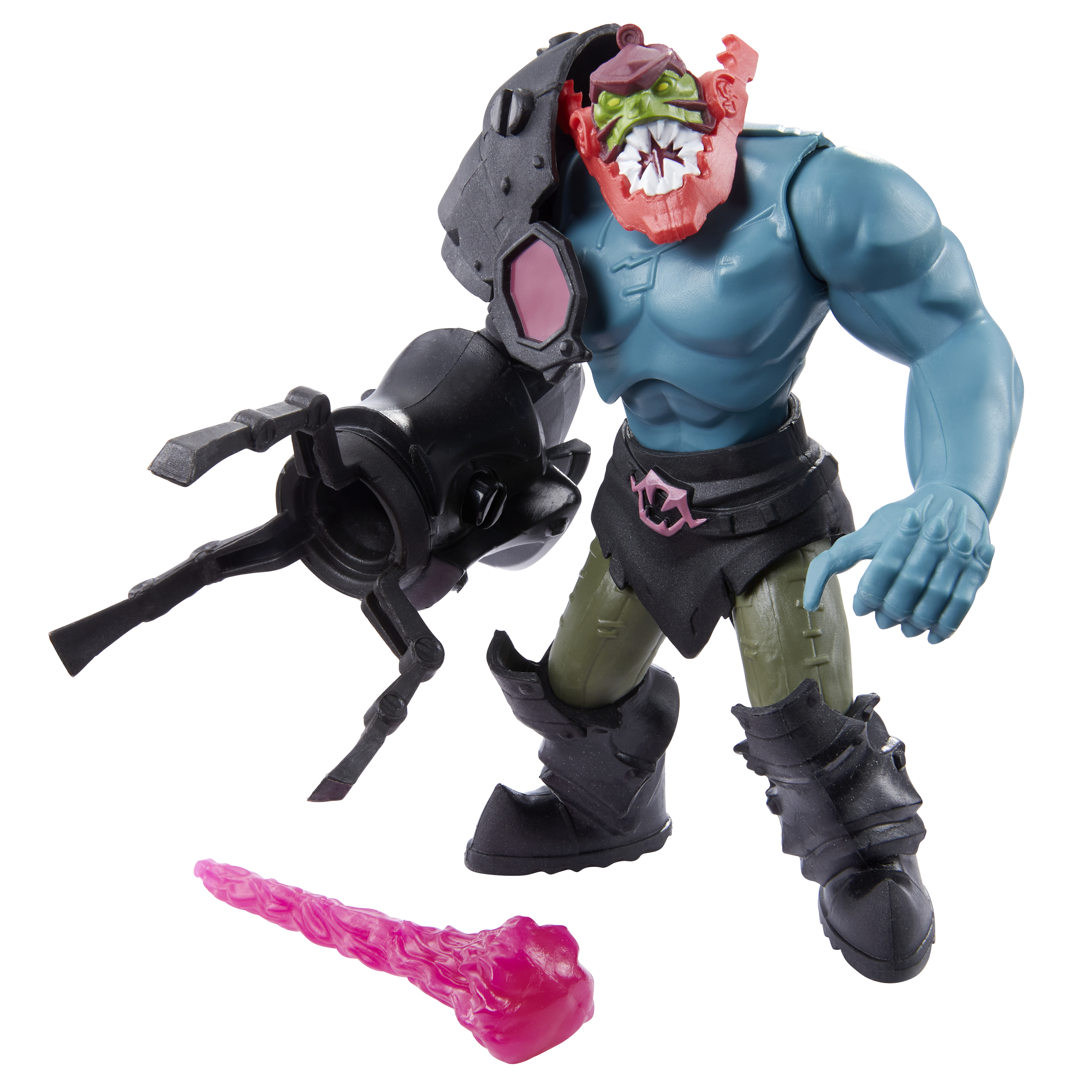 Eine He-Man-Figur mit schwarzem Armkanone und einem rosa Energieblitz. Figur ist blau, rotgesichtig und grünmäulig.