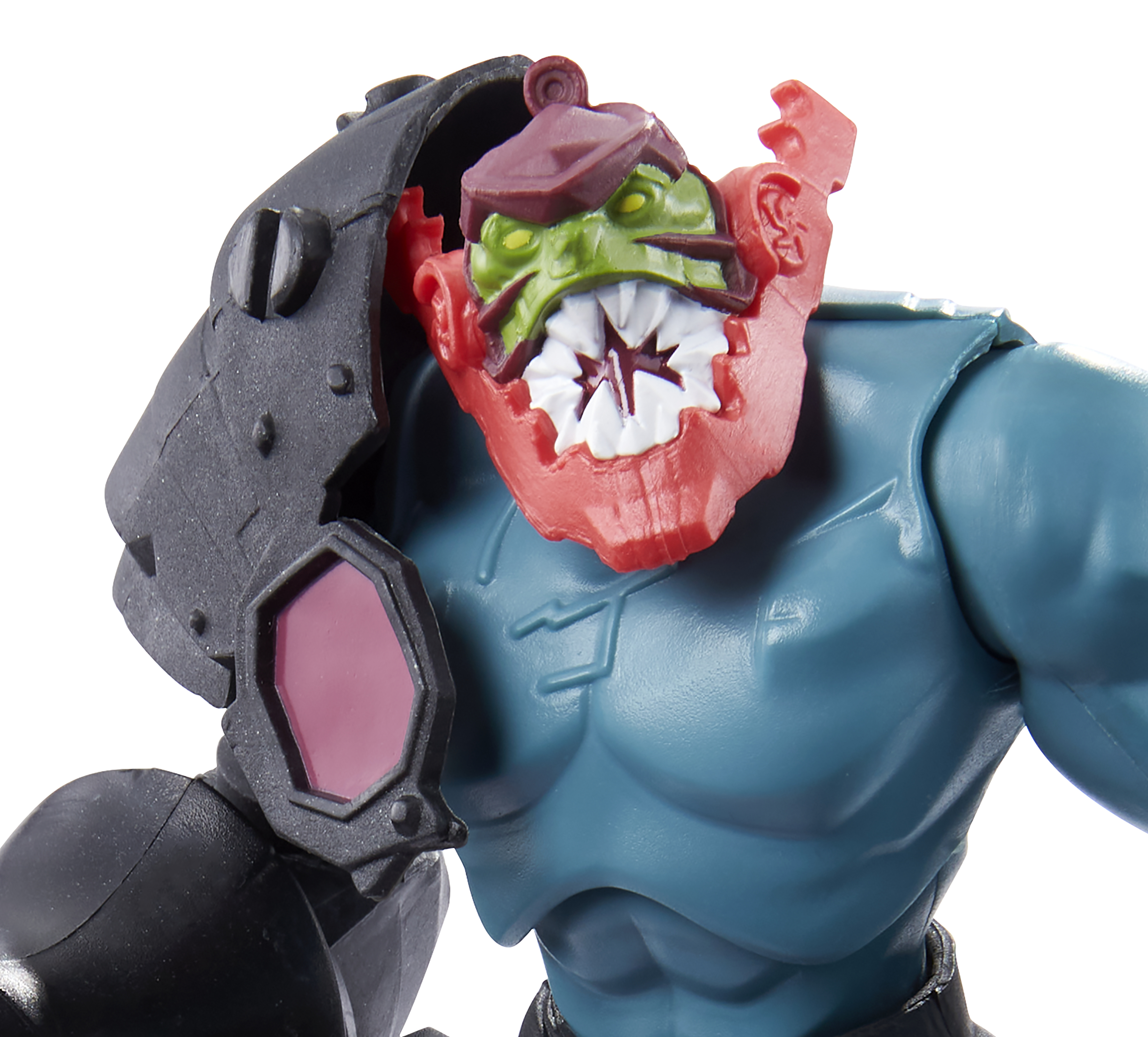 Actionfigurkopf, grünes Gesicht mit rotem Mund, schwarze Panzer-Schulter und blauer Brust.