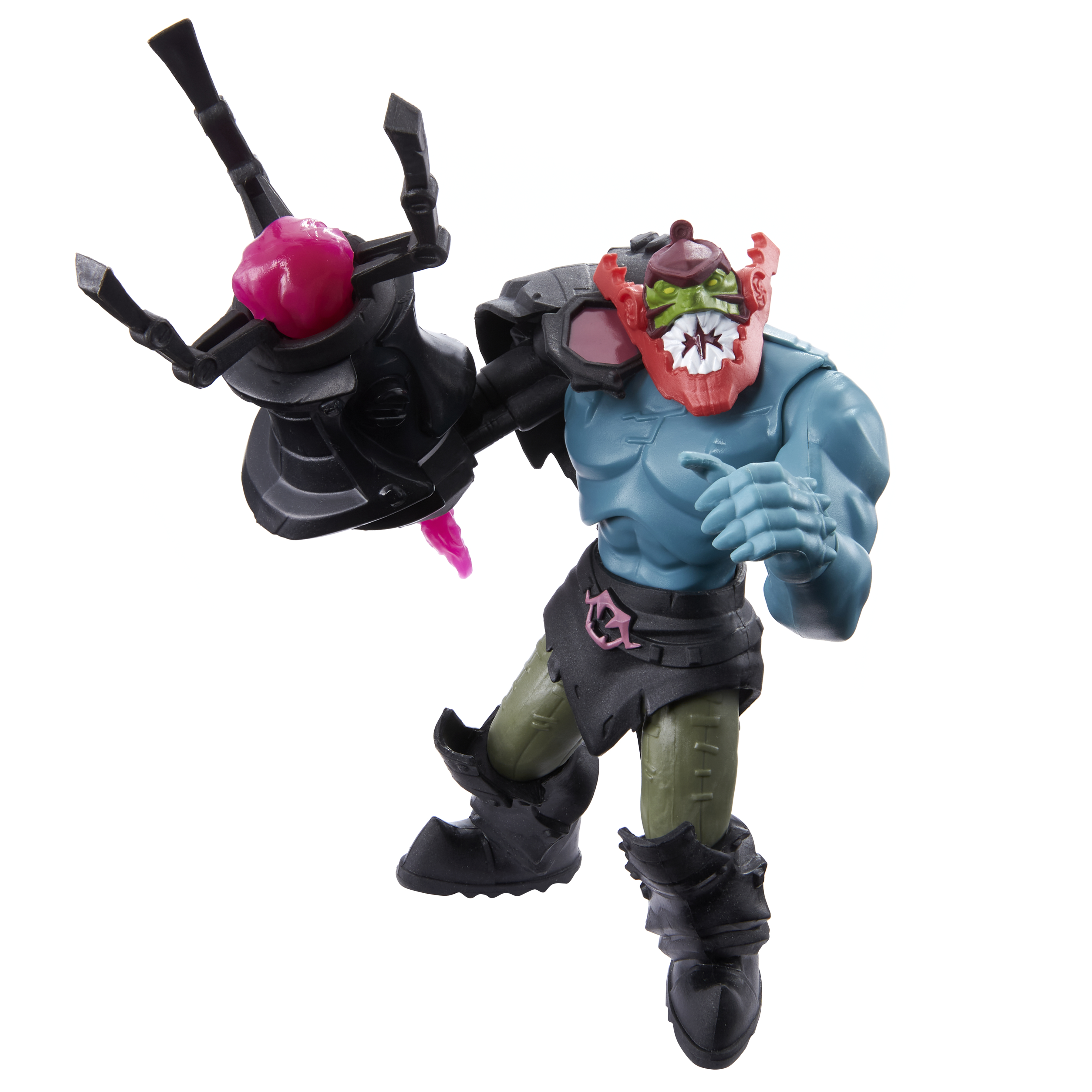 Eine blau-hellblaue Actionfigur mit roter Gesichtsmaske und stacheligem Haar in Kampfpose.