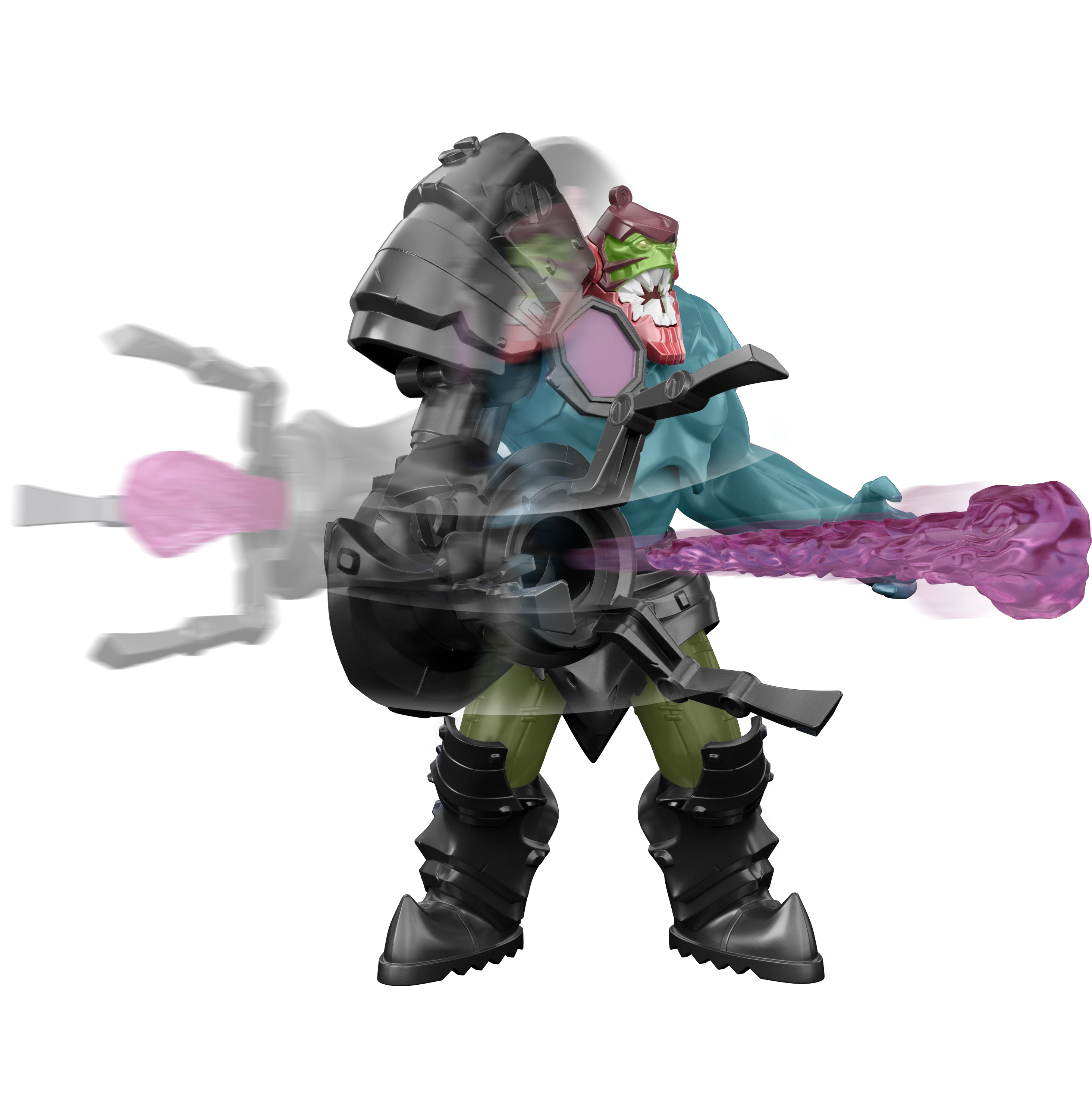 Actionfigur mit schwarzer Panzerwaffe. Die Figur hat grüne Haut und violette Energiestrahlen.