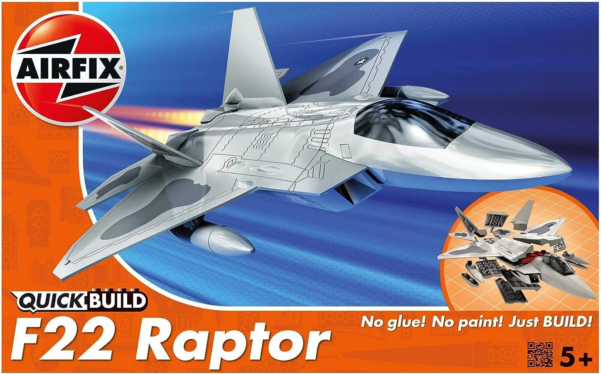 Grafika pudełka modelu Airfix F22 Raptor. Pudełko pokazuje samolot w kolorze szarym, z niebieskim tłem.