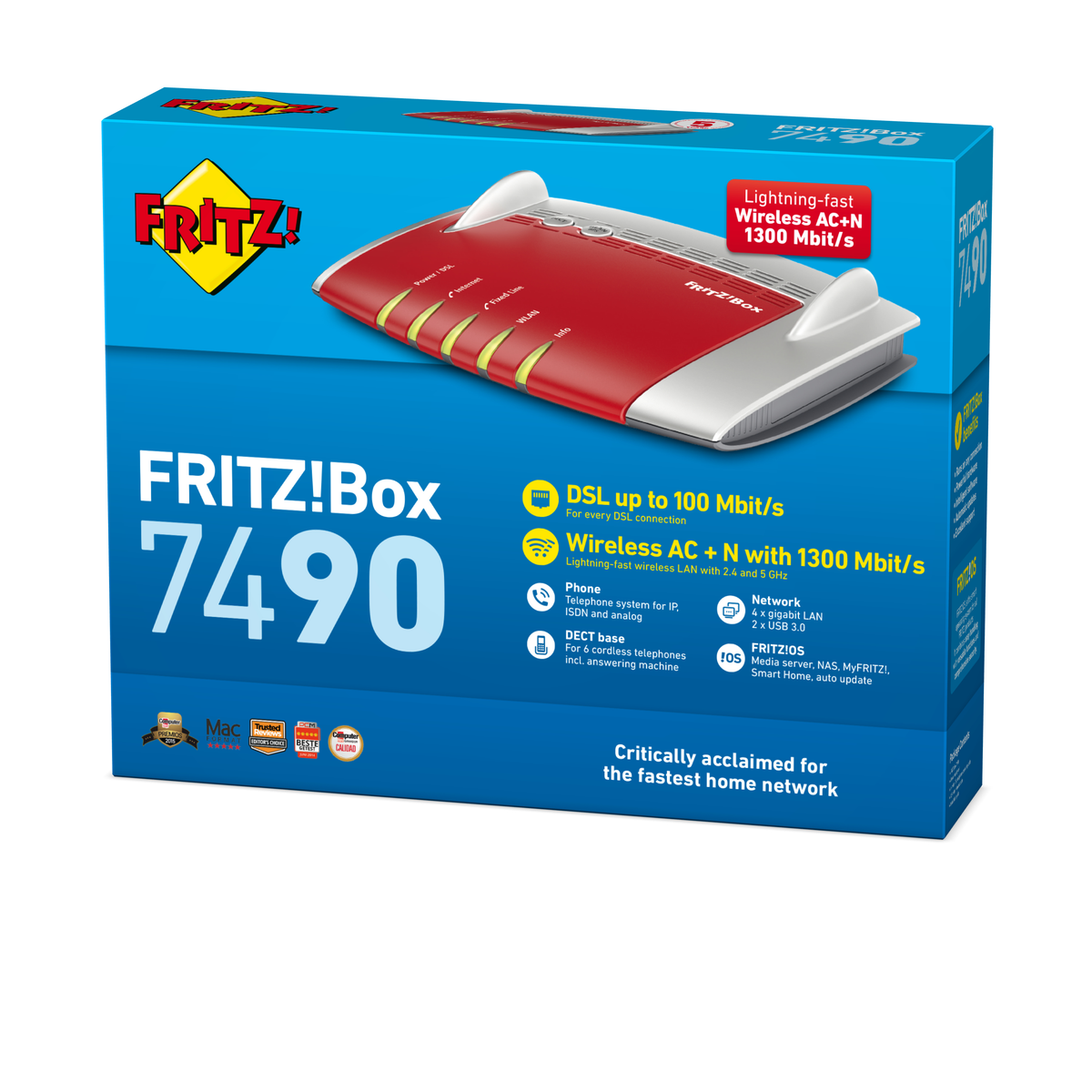 Eine rot-weiße Schachtel eines Fritz!Box 7490 Routers mit Text und Abbildungen auf der Vorderseite.