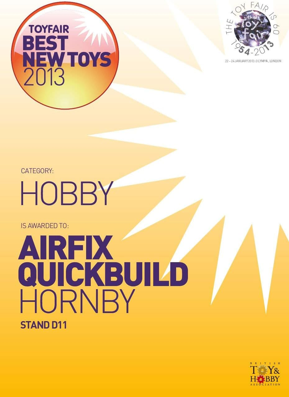 Certyfikat nagrody Toy Fair dla Airfix Quickbuild Hornby. Ma żółte i pomarańczowe tło.