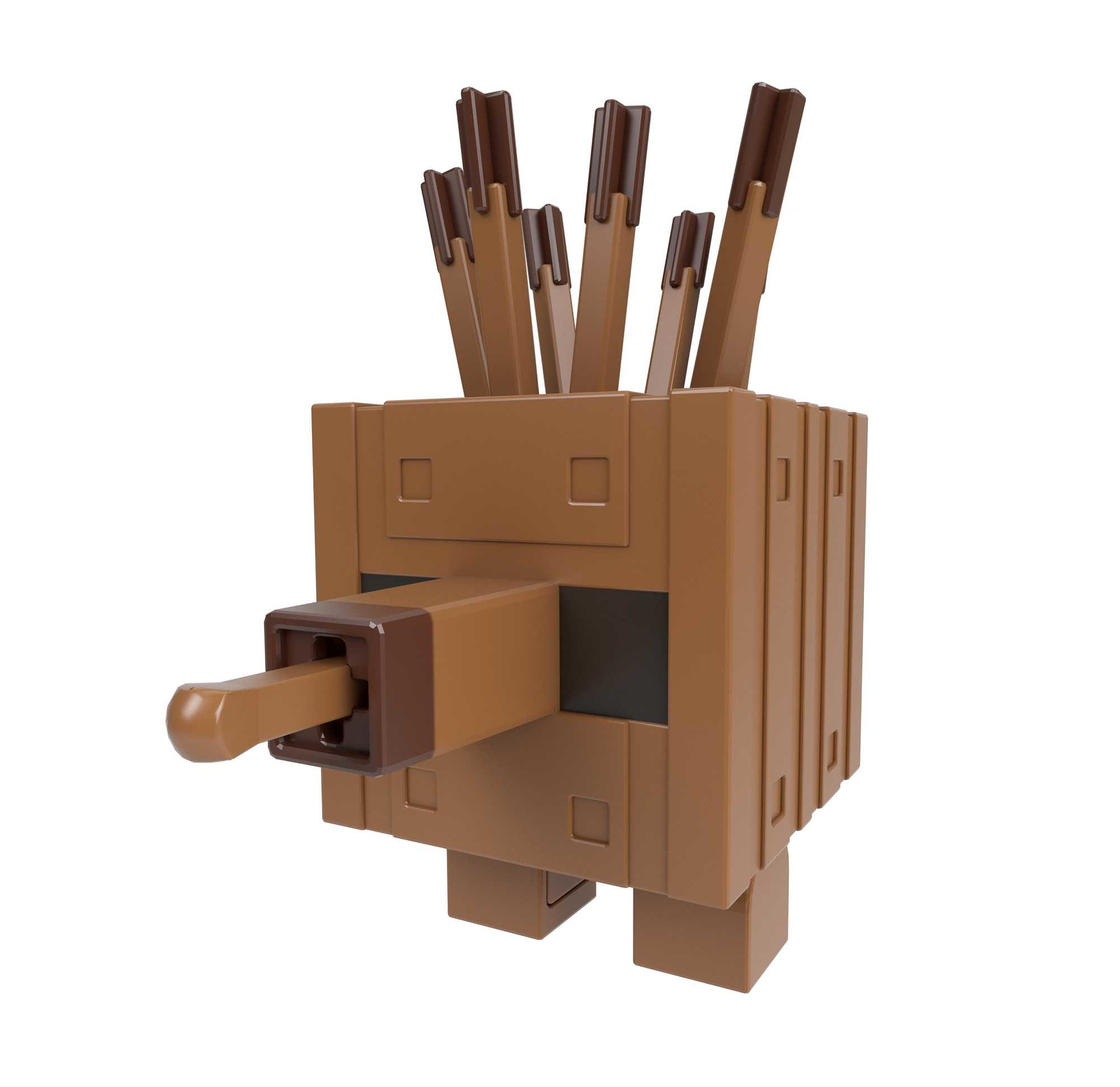 Eine braune Spielfigur. Es hat eine lange Nase und Stöcke oben.