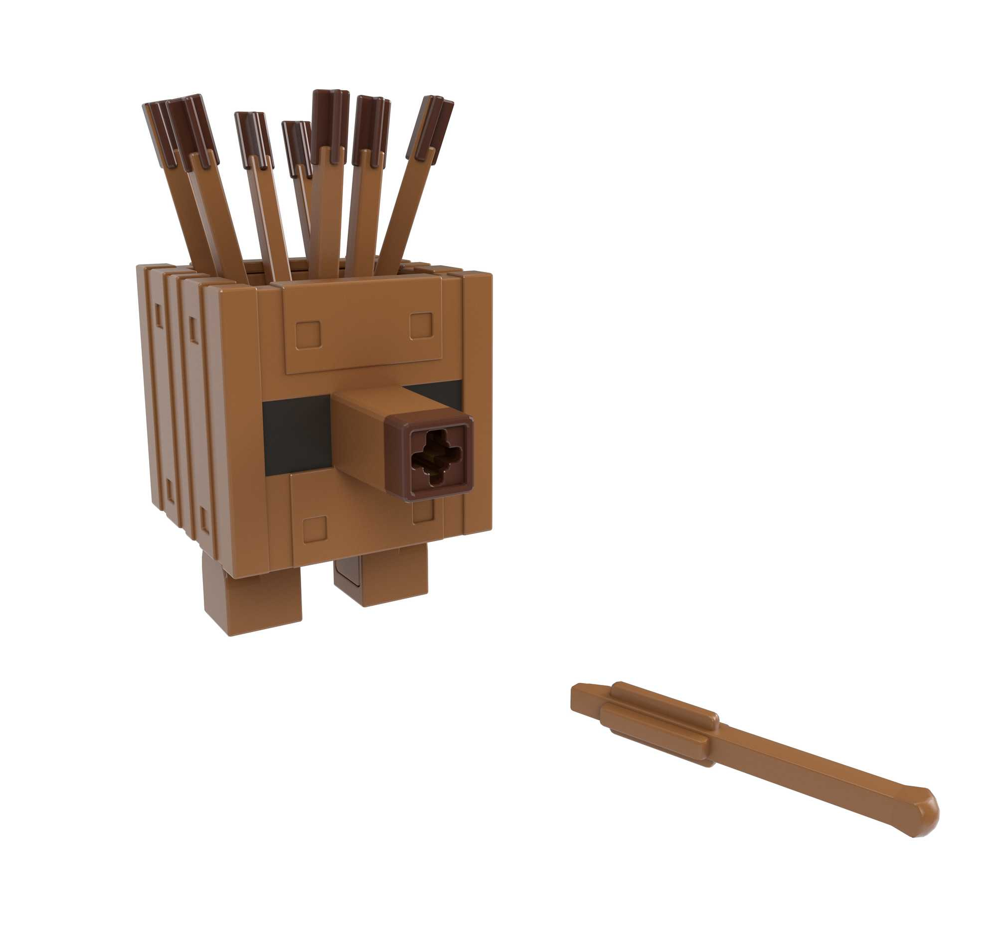 Eine braune Hundefigur im Minecraft-Stil mit eingesetzten Bleistiften und ein separater Bleistift.