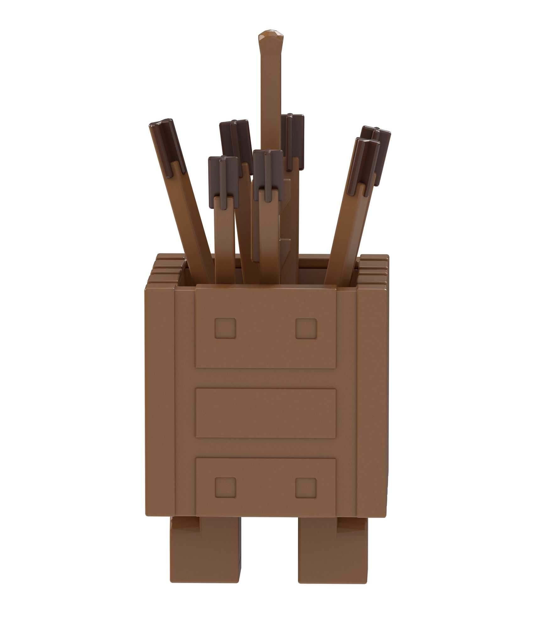 Eine braune Spielfigur. Es hat eine kastenförmige Form und Stöcke oben.