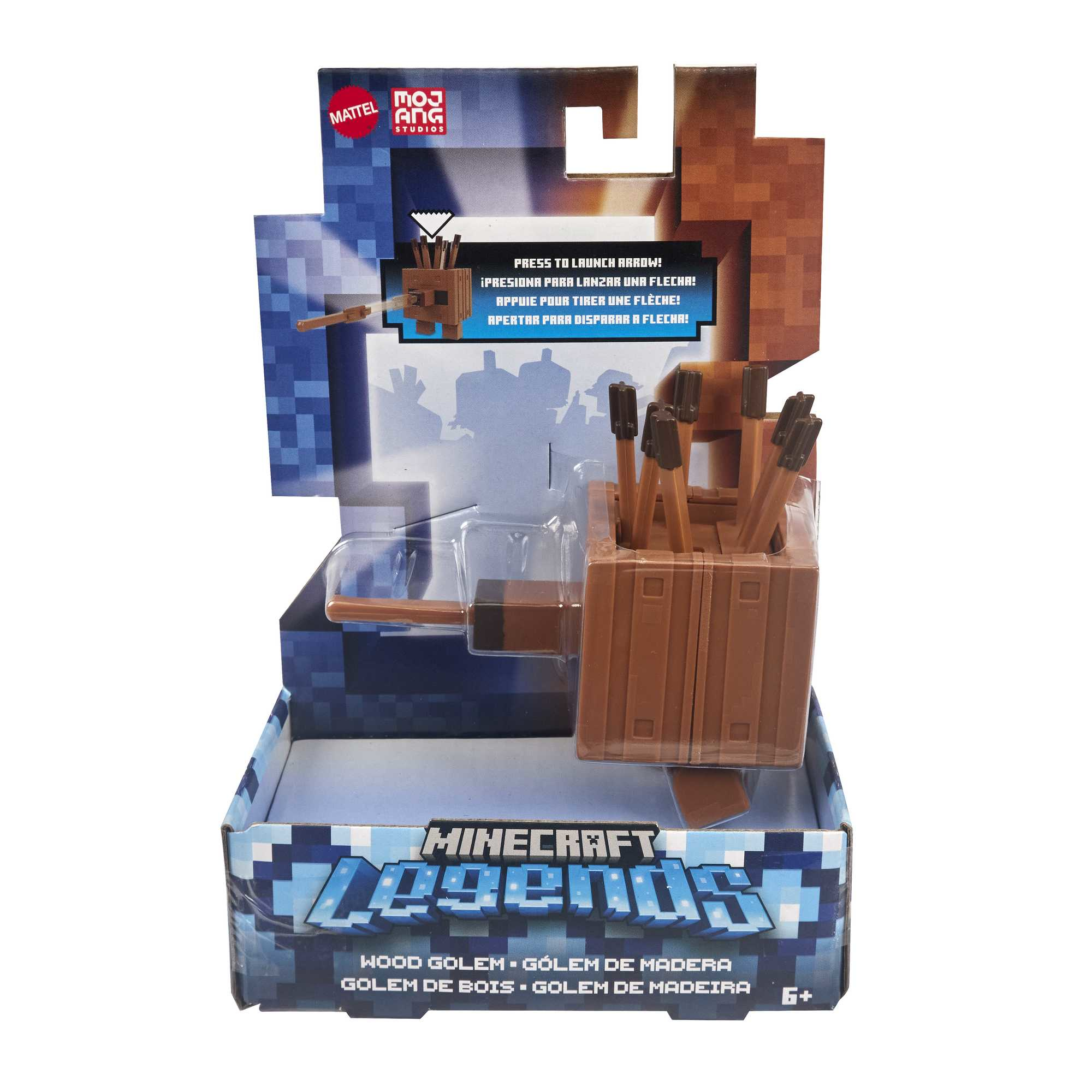 Ein Minecraft Legends Spielzeugset in einer Box. Es enthält einen hölzernen Golem und Zubehör.