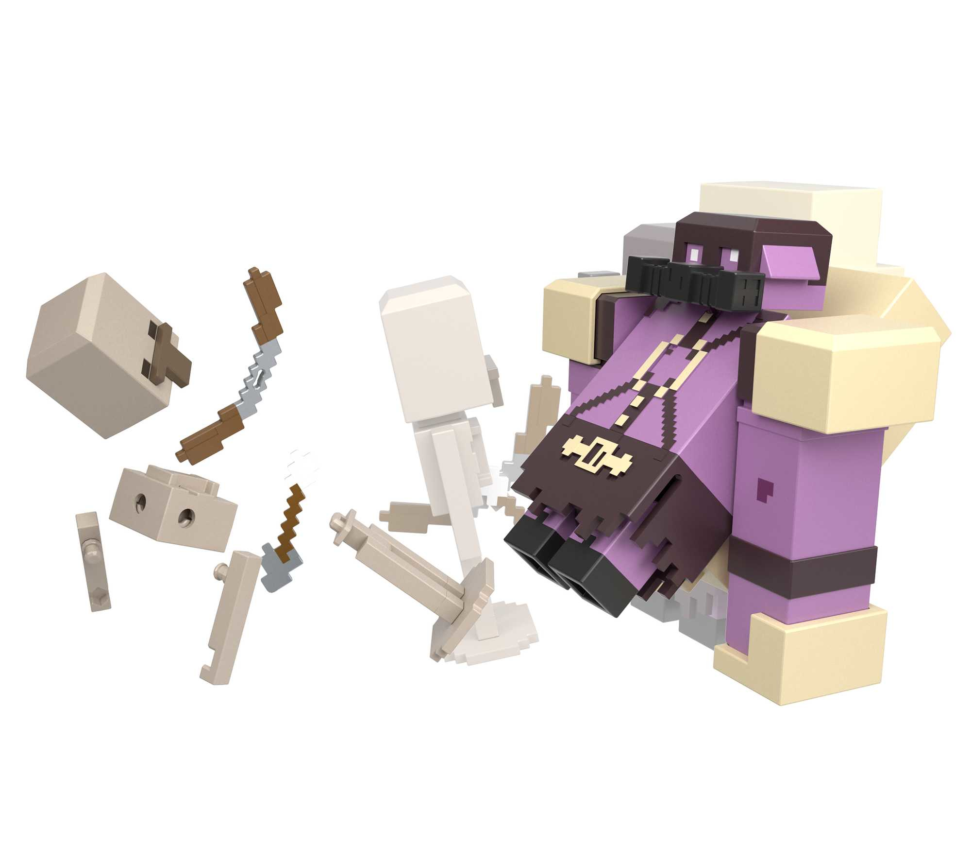 Minecraft-Spielzeuge: Enderman mit Pfeil und Bogen, Skelettfiguren und auseinanderfallende Teile.