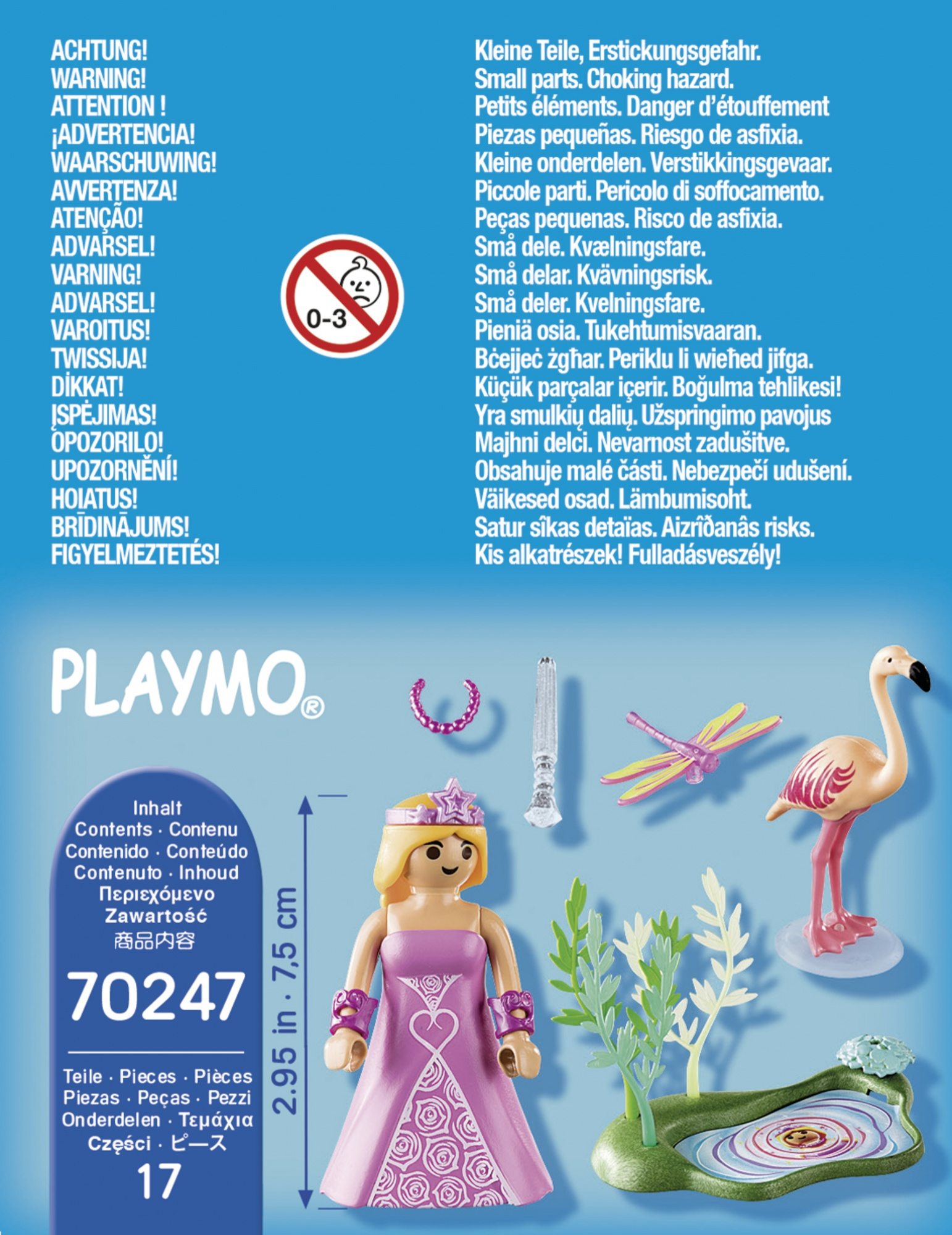 Zestaw zabawek Playmobil z lalką, flamingiem i akcesoriami, na białym tle.
