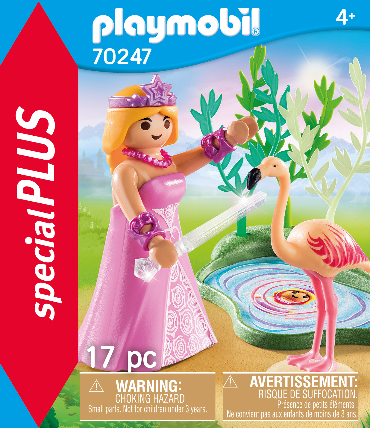 Pudełko Playmobil z księżniczką i flamingiem. Pudełko znajduje się na białym tle.