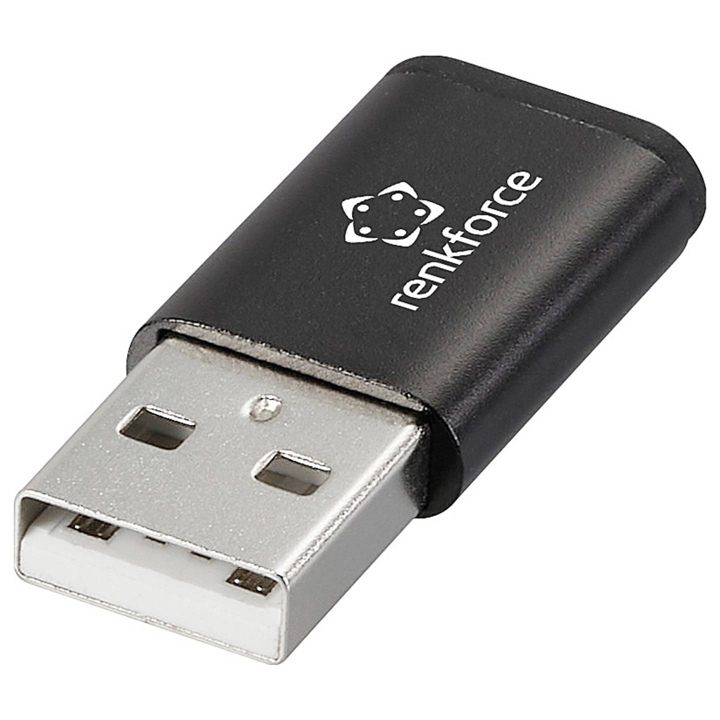 Un piccolo adattatore USB nero con la scritta 'renkforce' stampata sopra.