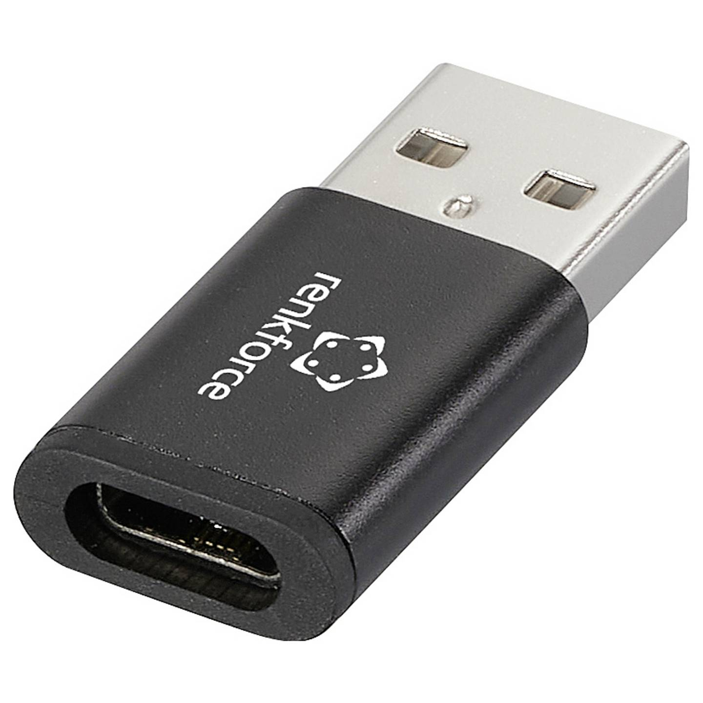 Adattatore USB-C nero. Ha il logo 'renkforce'. È collegato a un connettore USB-A argentato.