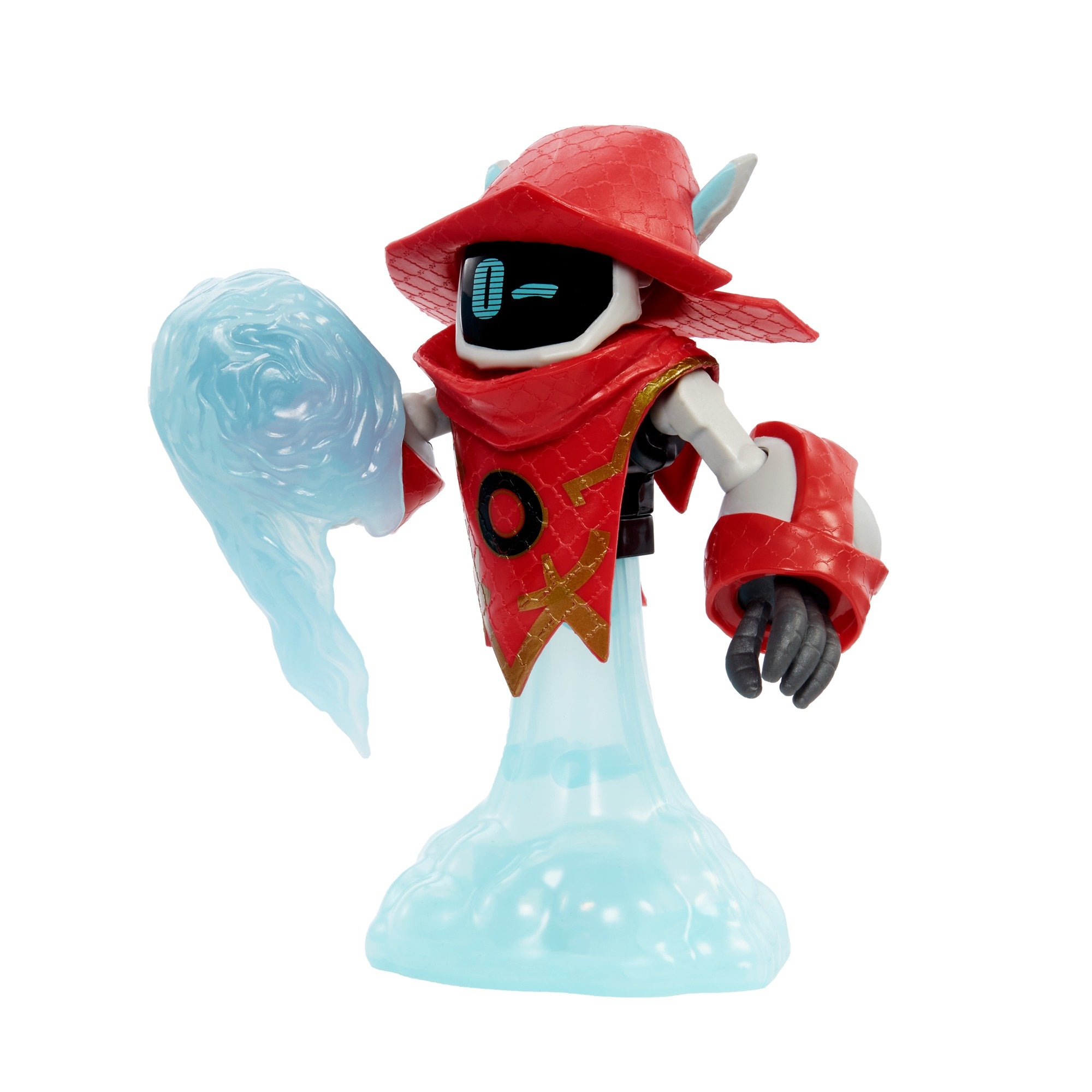 Juguete robot rojo y blanco con energía azul. Tiene un sombrero rojo y una pantalla negra en la cara.