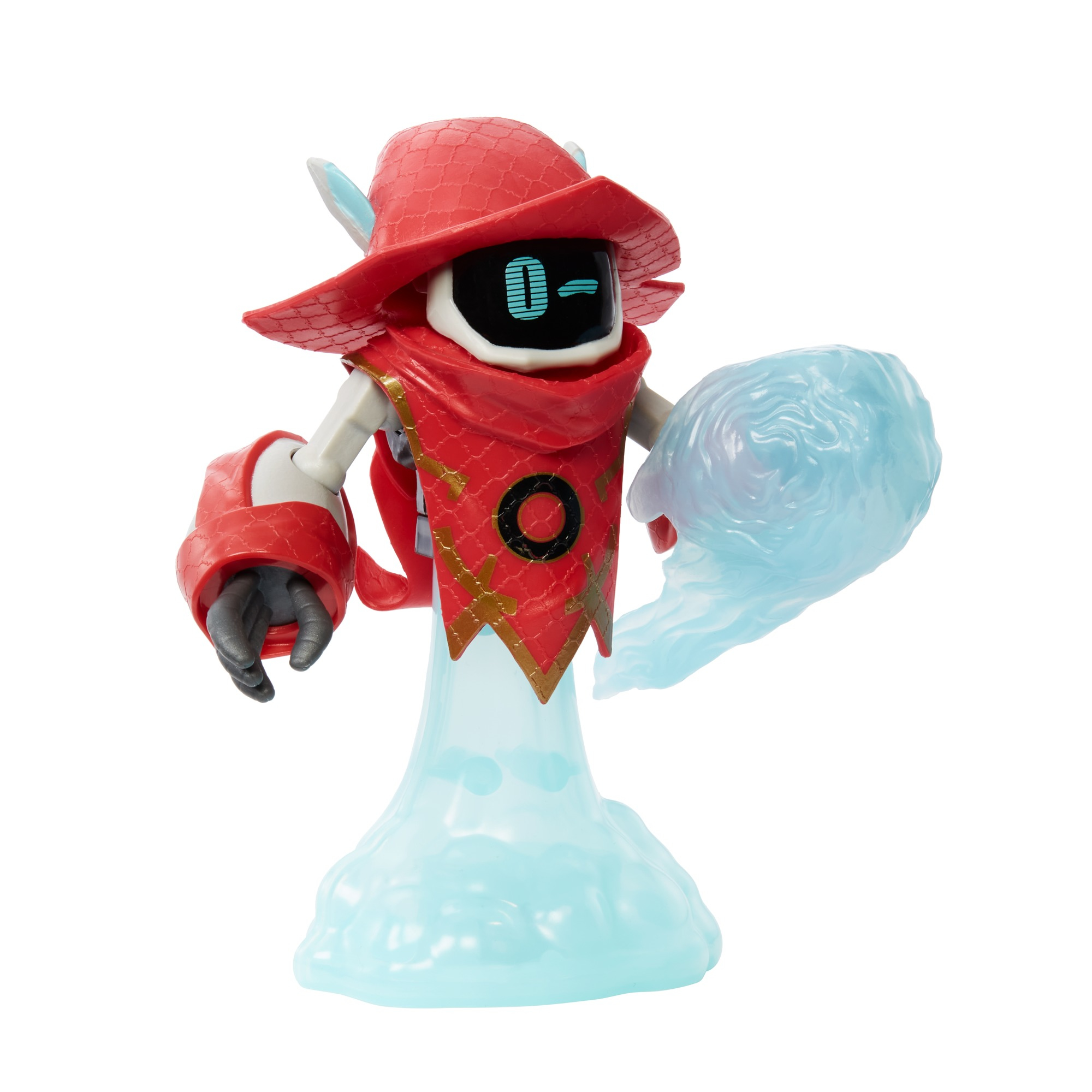 Robot de juguete con sombrero y bufanda, sosteniendo energía azul.
