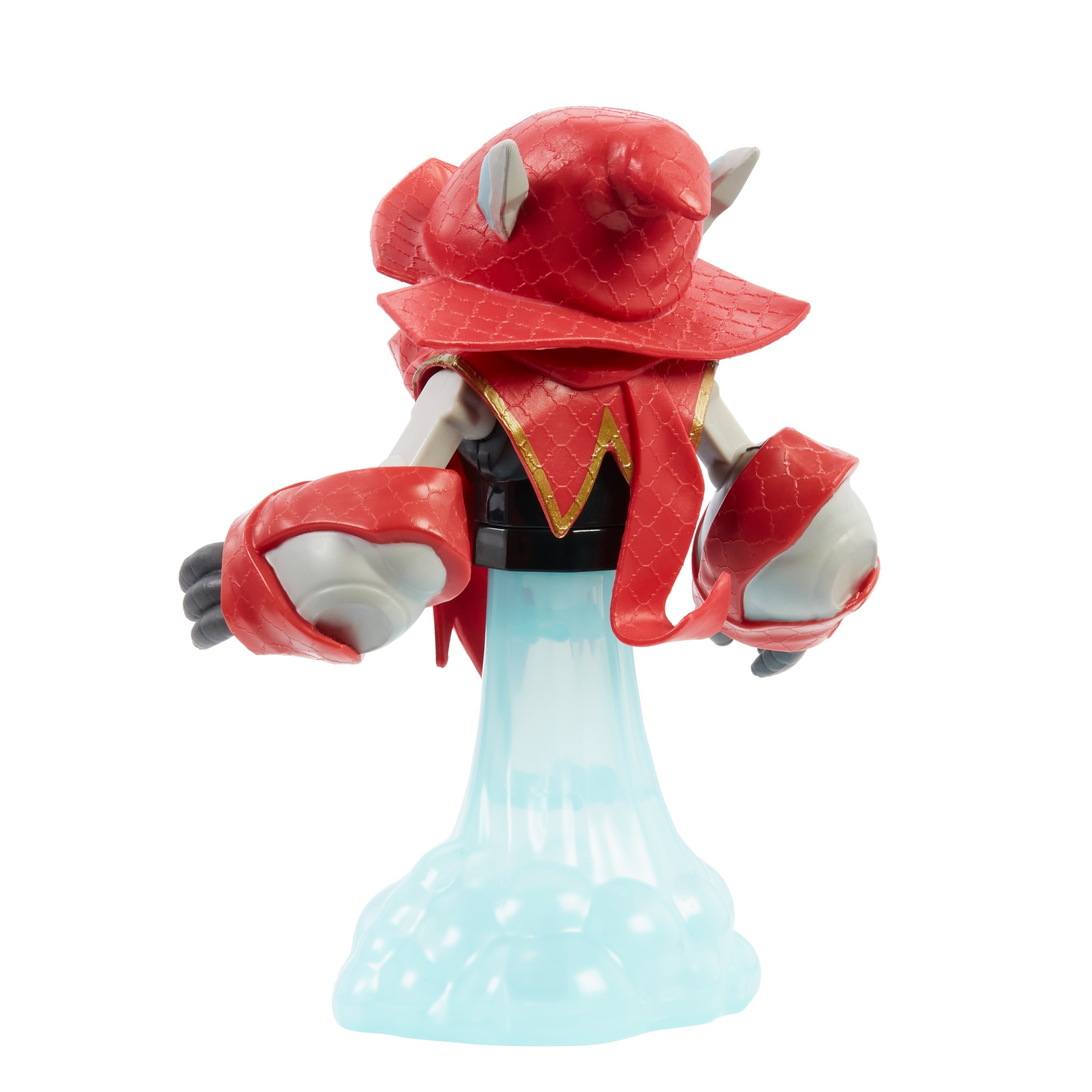 Una figura de juguete vestida de rojo sobre una base de nube azul, con cabeza roja y brazos grises.