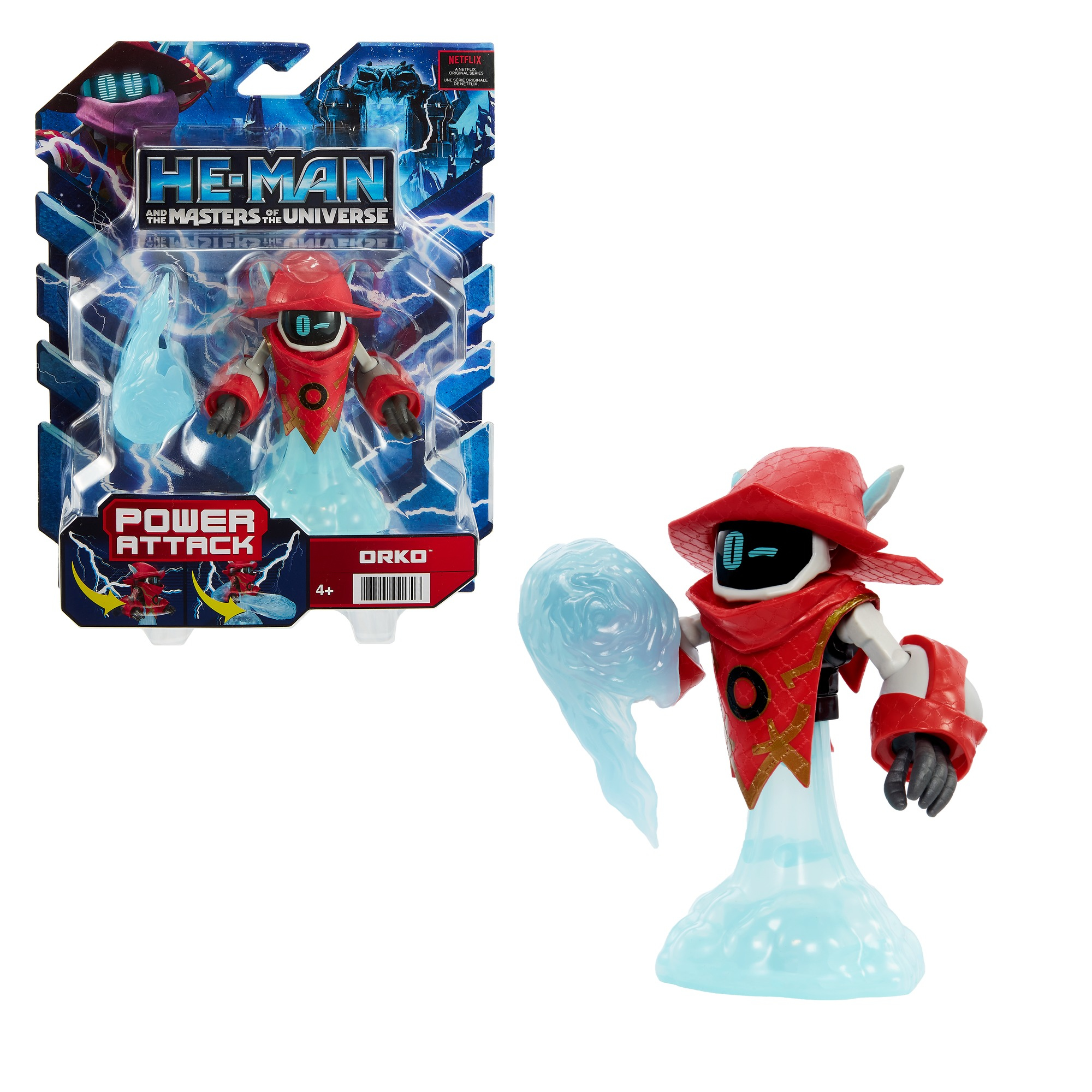 Una figura de juguete en embalaje con sombrero rojo, nube azul y atuendo rojo y blanco.