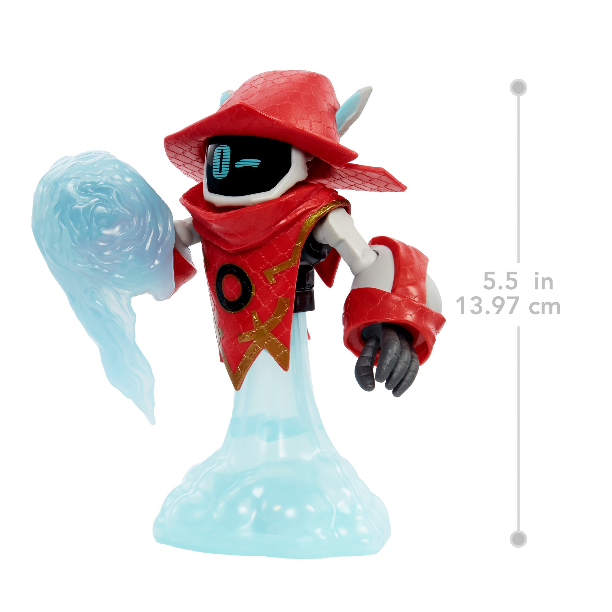 Una figura de juguete con un sombrero rojo y una base de nube azul. La figura tiene un atuendo rojo y blanco.