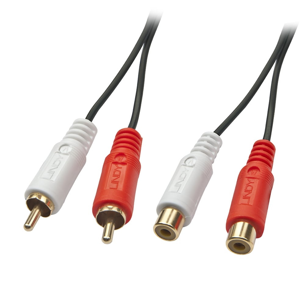 Due cavi audio con connettori RCA bianchi e rossi.