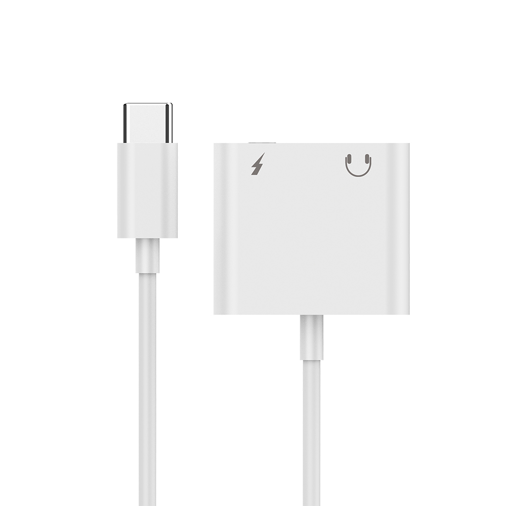 A white adapter with a USB-C connector and a headphone port.