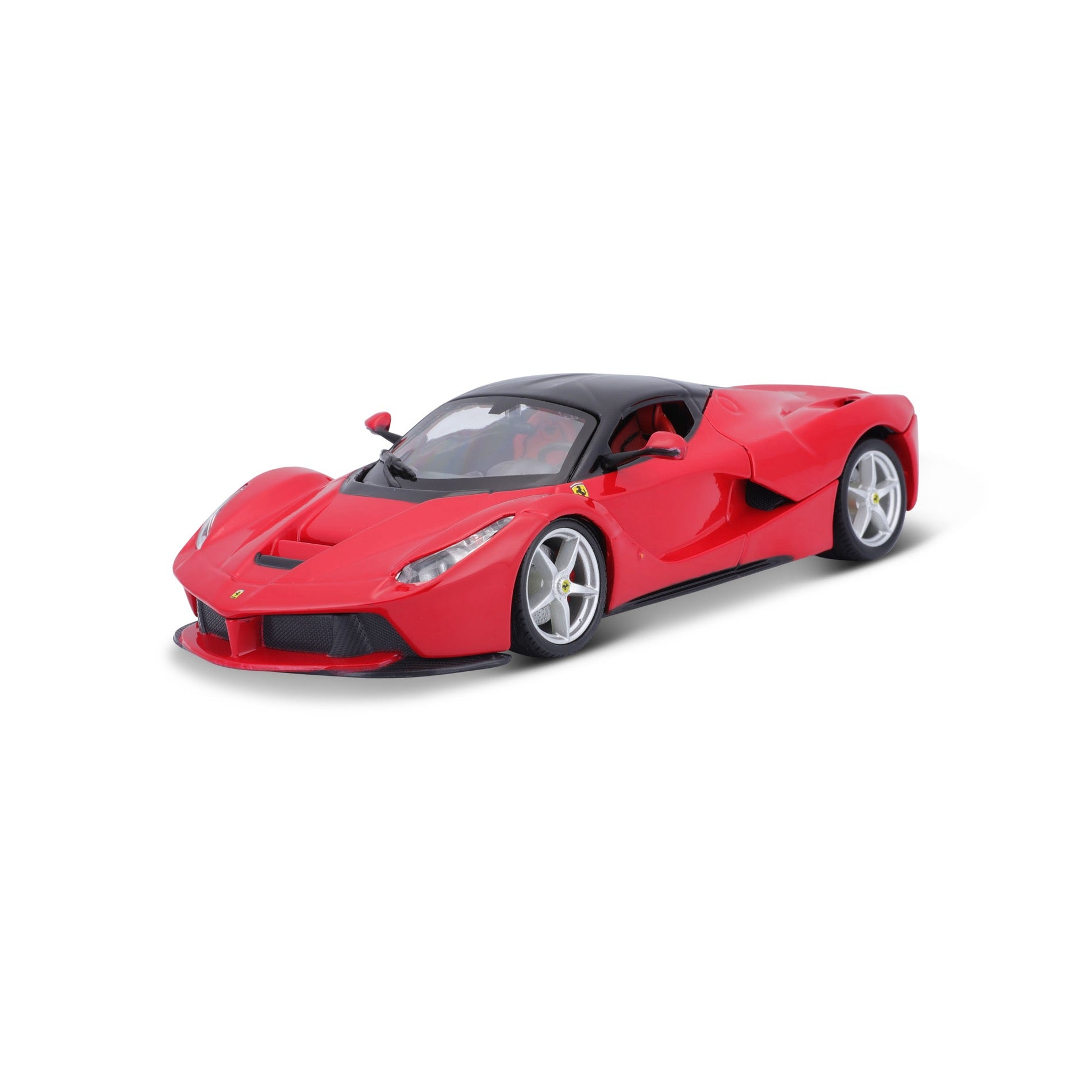 Czerwony model samochodu Ferrari LaFerrari. Ma czarny dach i srebrne koła.
