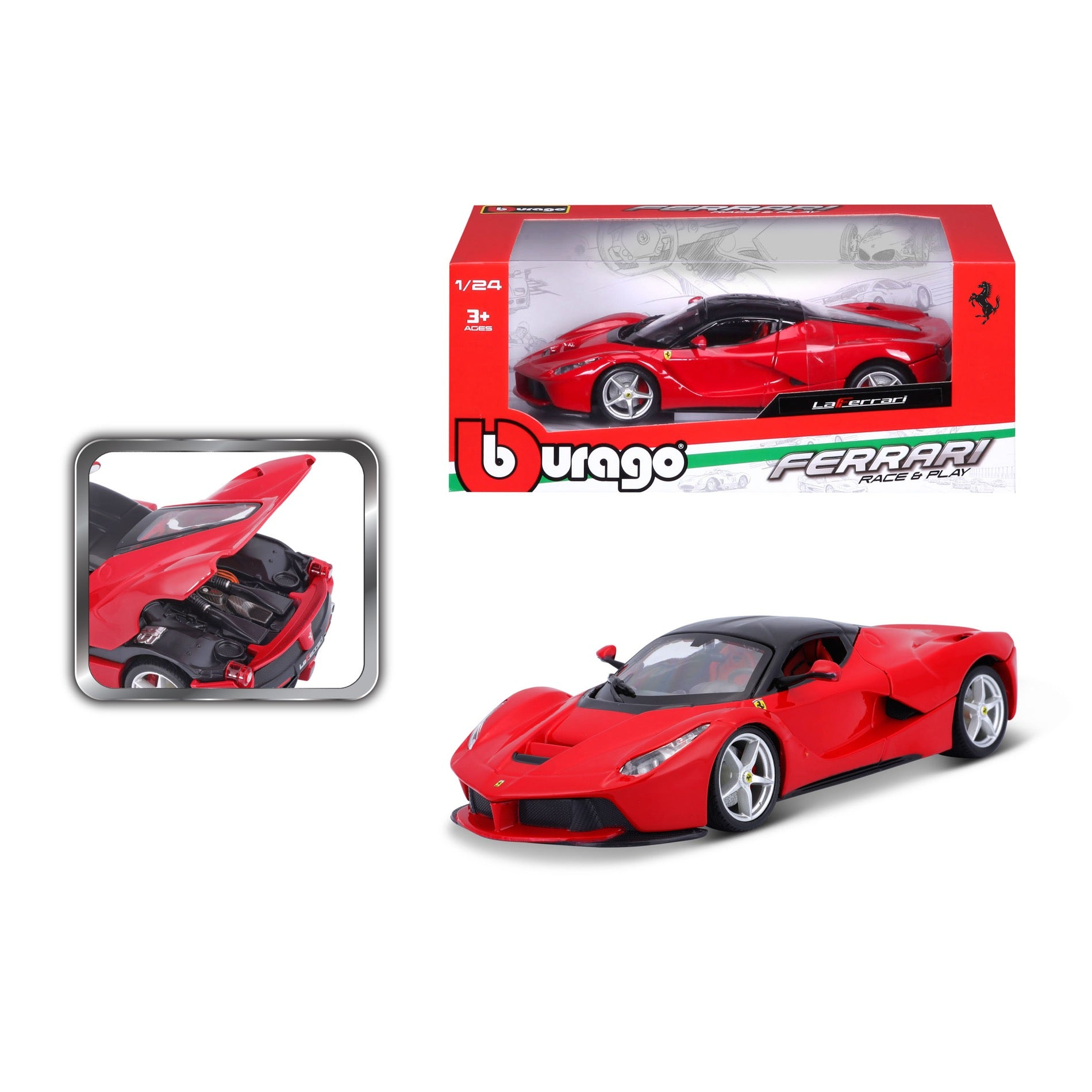Czerwony model samochodu Ferrari LaFerrari, z czarnym dachem, wyświetlany z pudełkiem i detalami silnika.